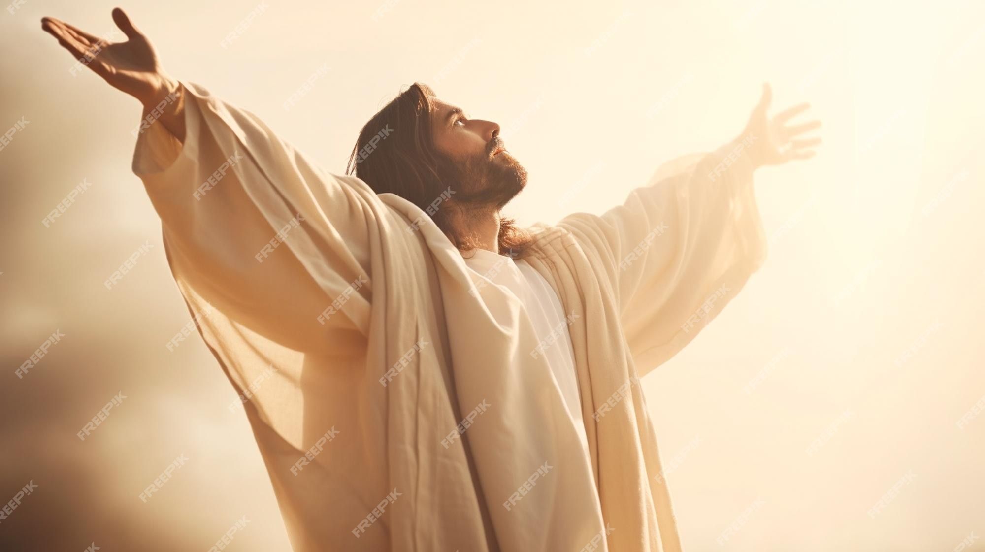 2000x1121 Premium Photo. The resurrected jesus christ ascending to heaven above the bright light sky and clouds and god heaven and second coming concept generative ai