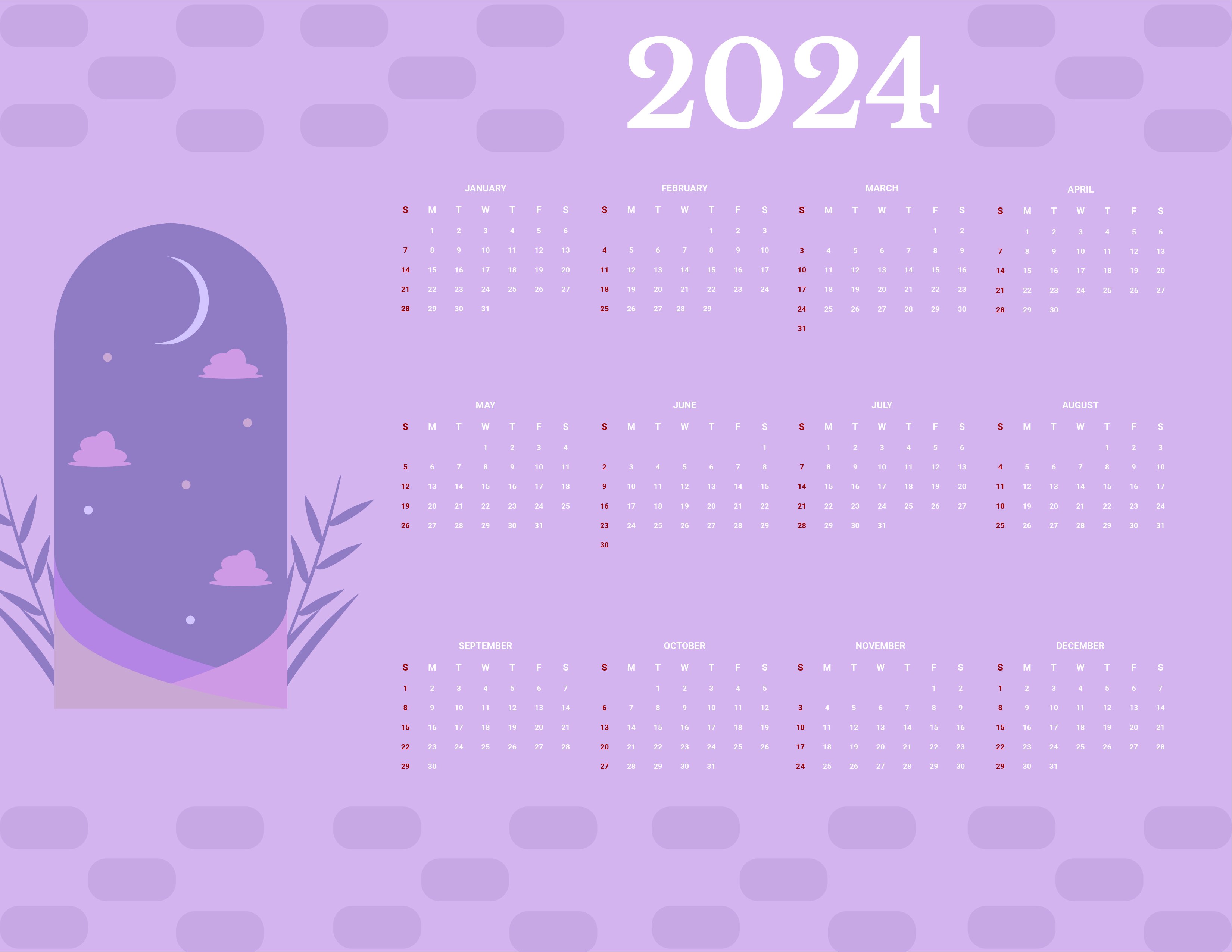 3301x2551 Pretty Year 2024 Calendar in GDocsLink