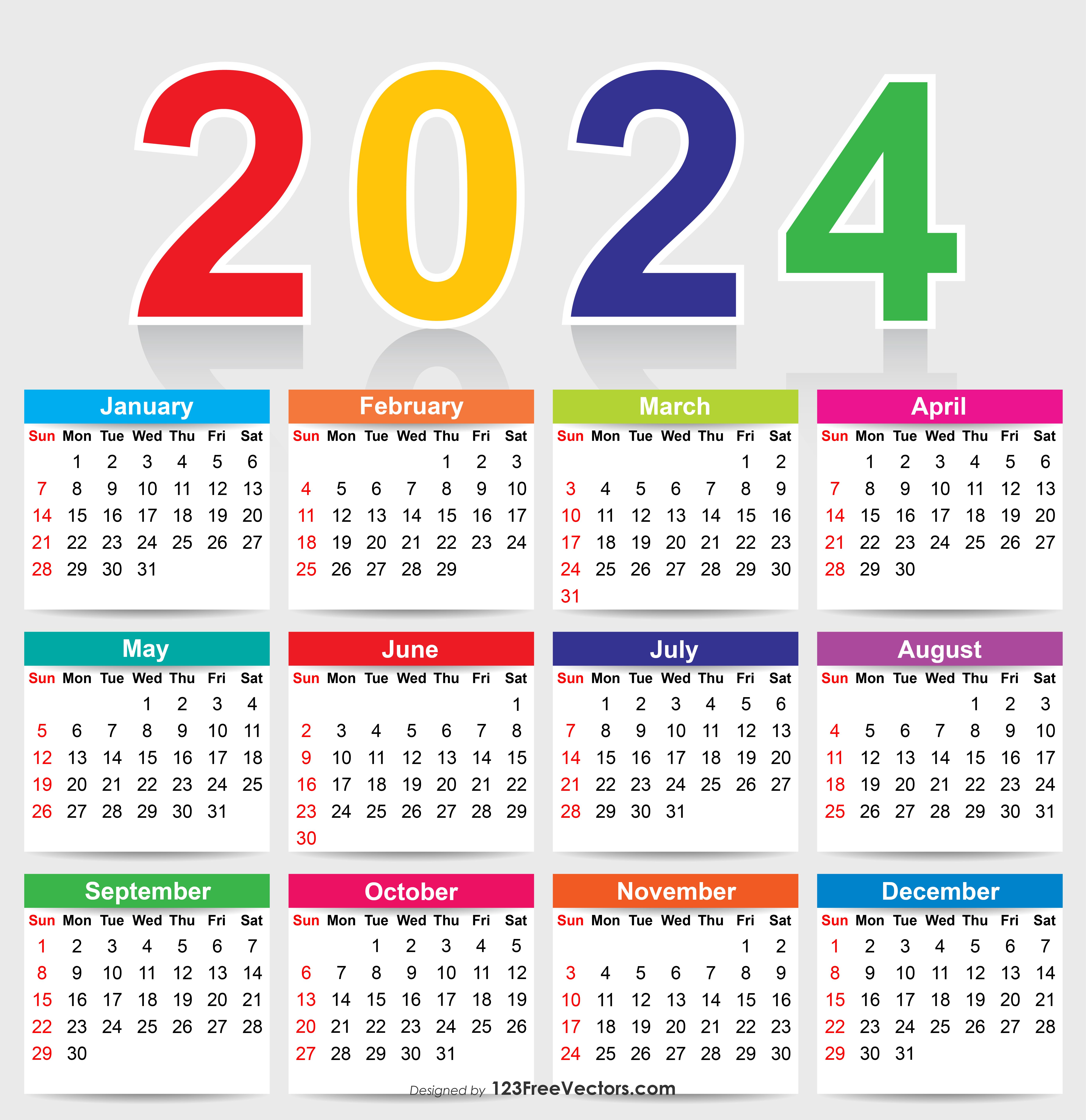 5556x5729 Free Colorful 2024 Calendar Vector