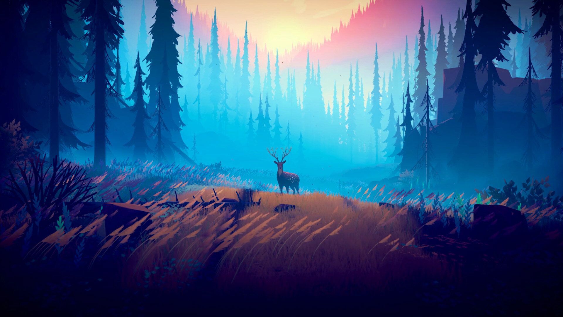 1920x1080 illustration, deer, forest, trees
