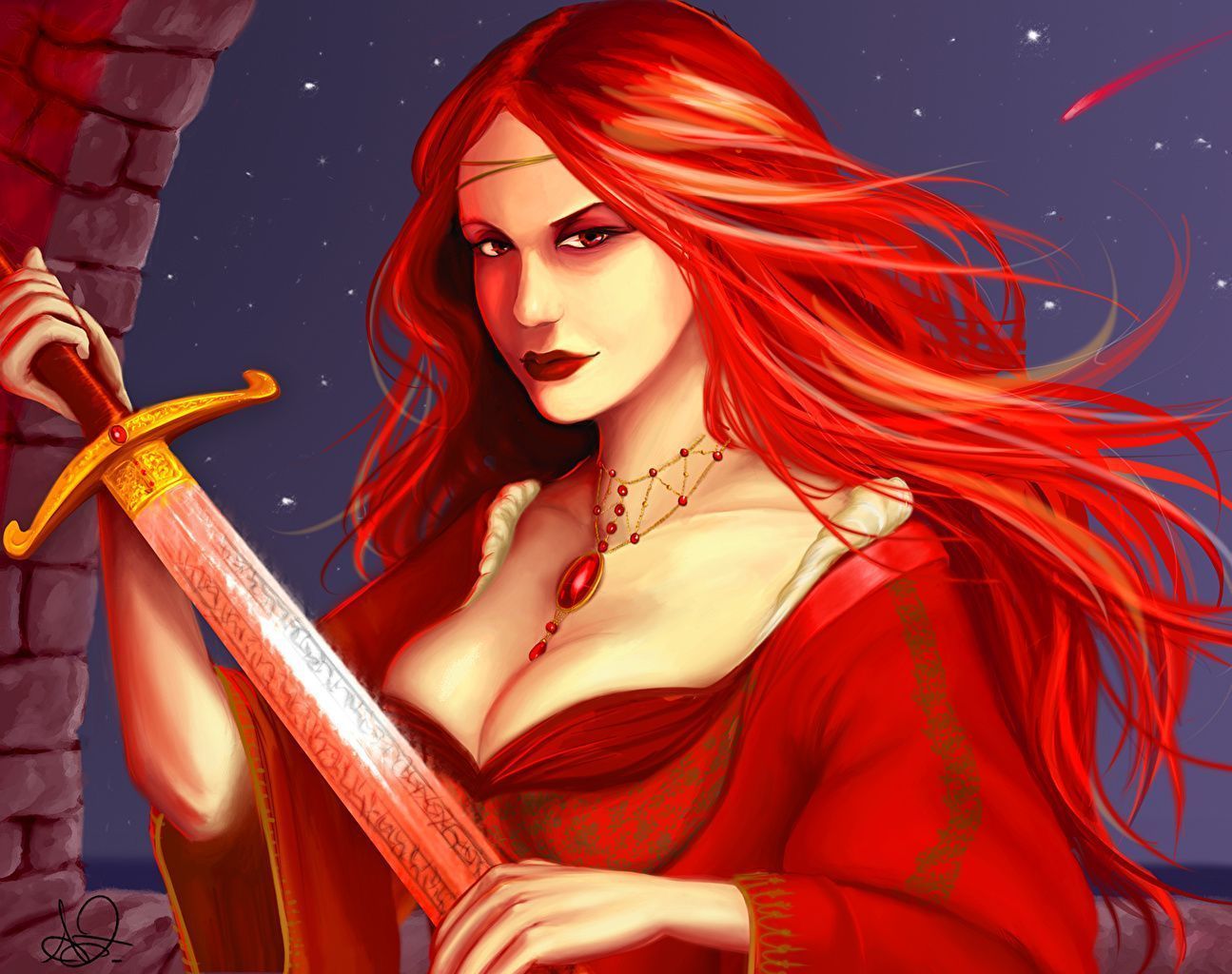 1295x1024 Thrones Swords Redhead girl Melisandre