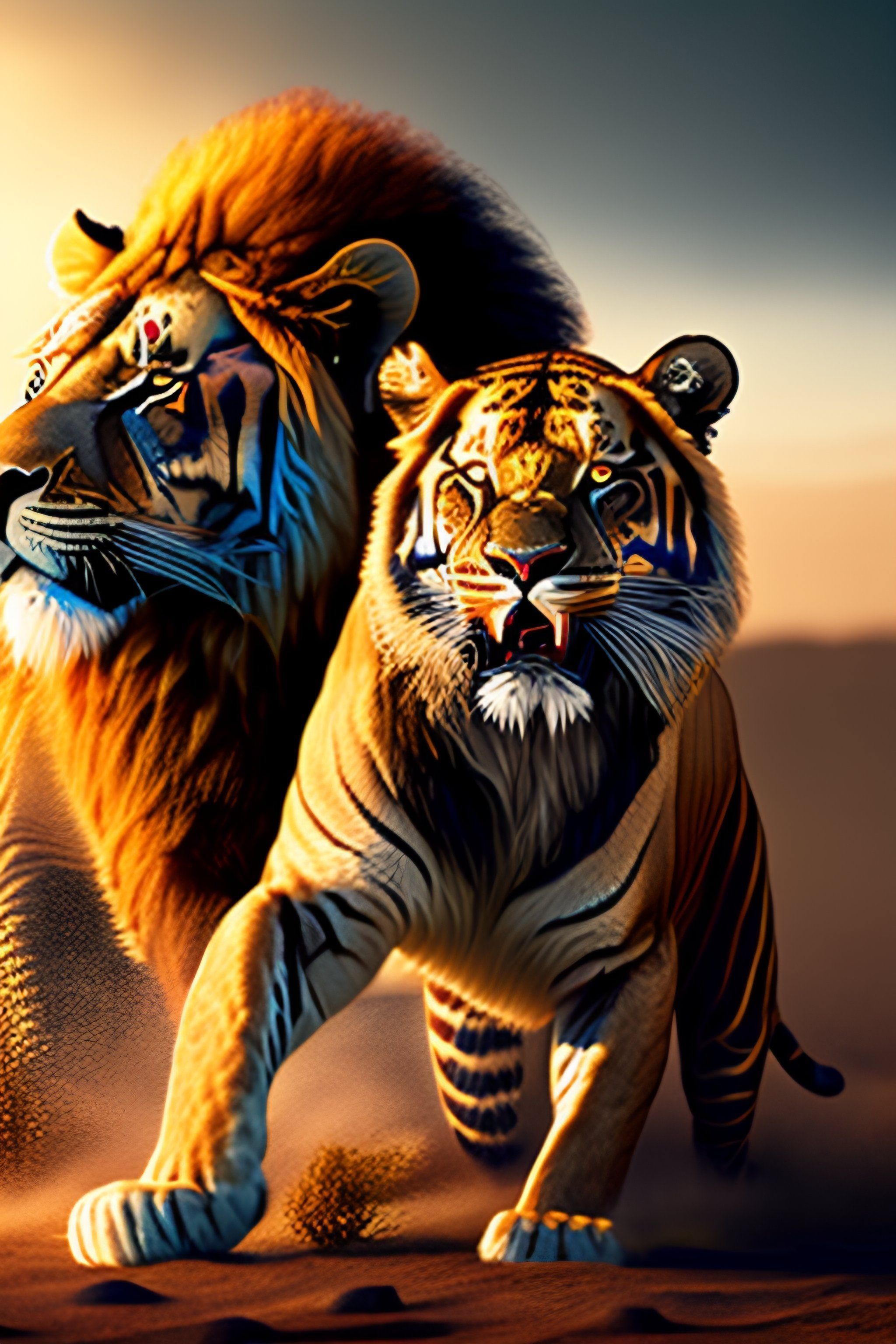 2048x3072 A lion and tiger fighting together, 8k