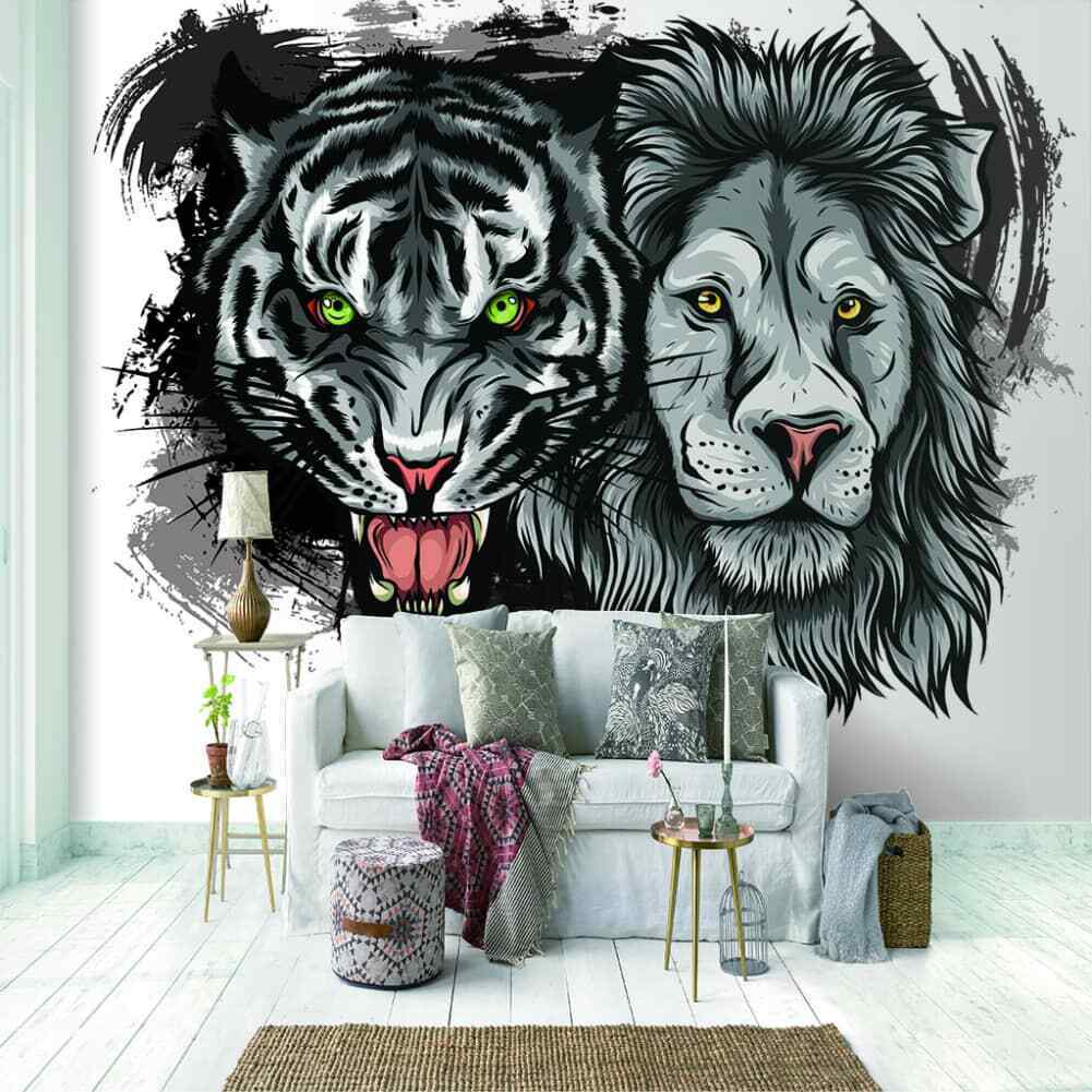 1001x1001 Fierce Lion Tiger Full Wall Mural Photo