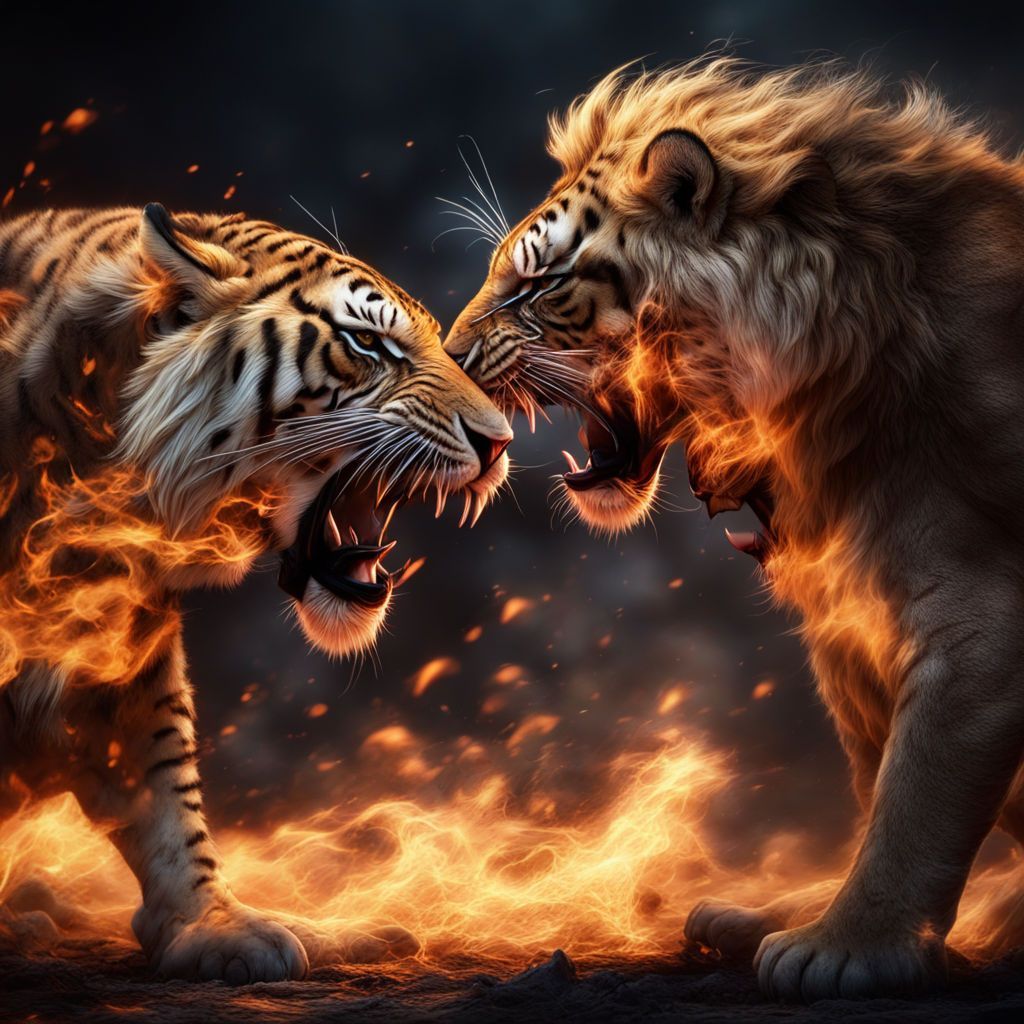 1024x1024 tiger roaring at angry lion while