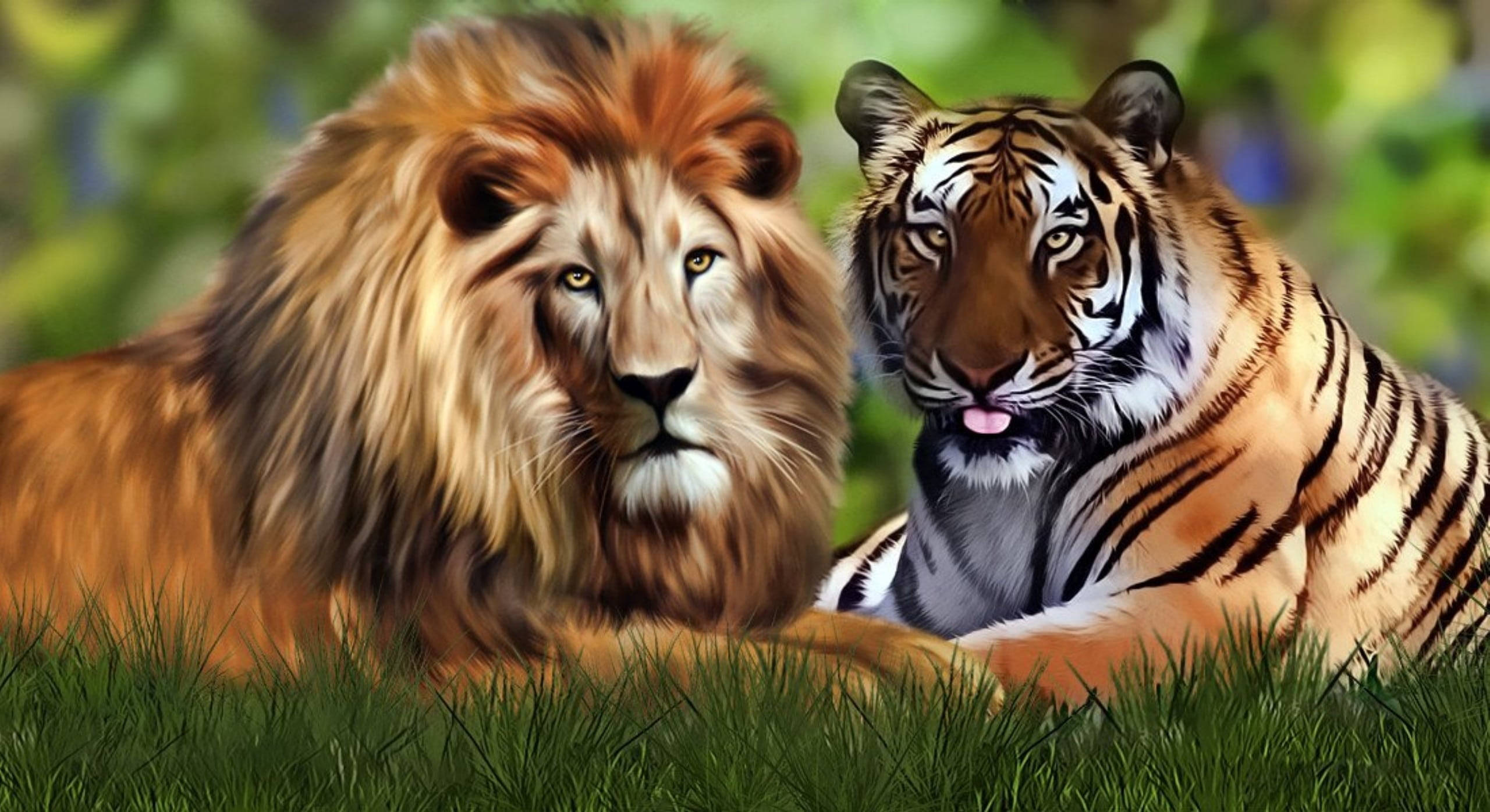 2560x1396 Lion And Tiger Art In Grass Wallpaper