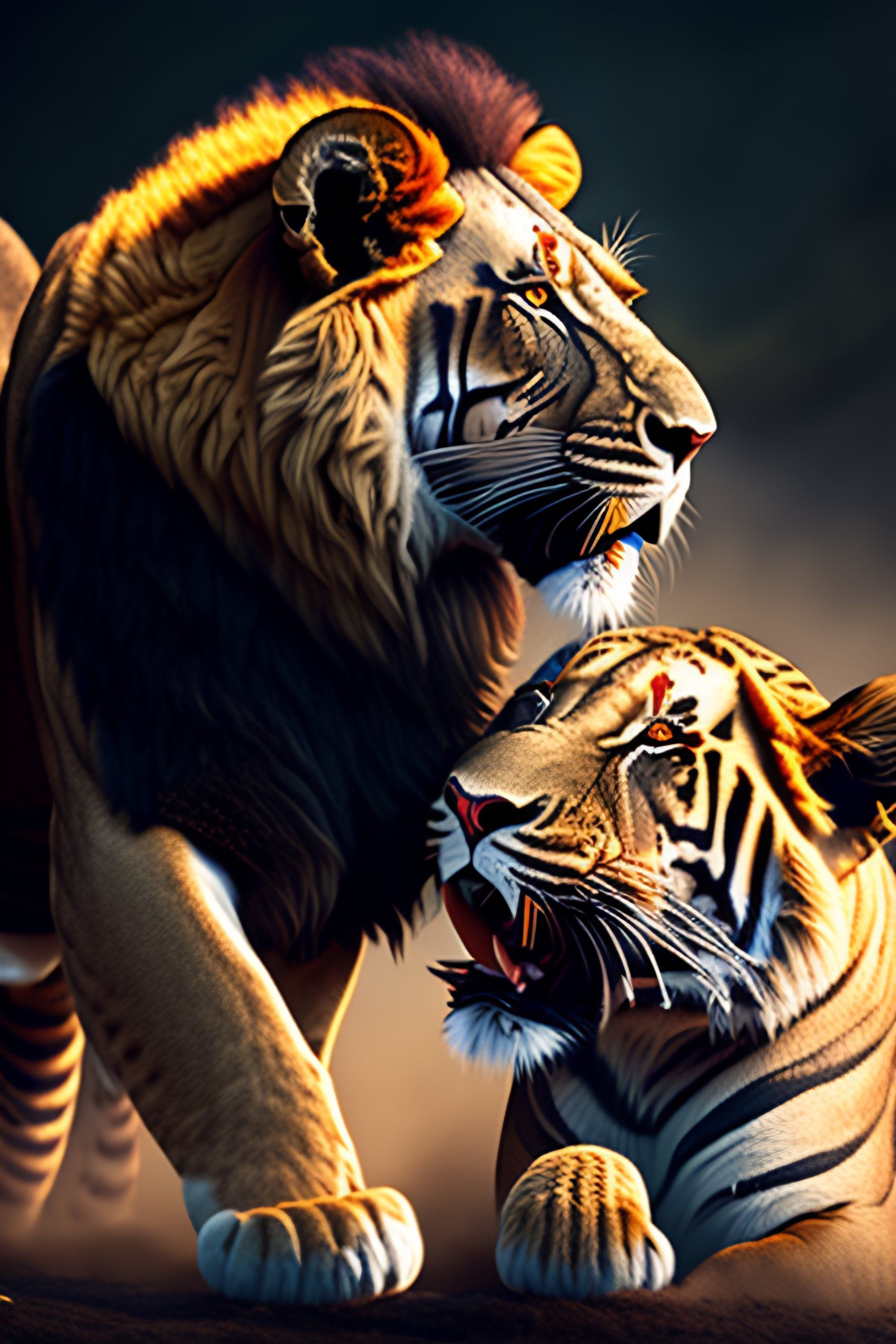 2048x3072 A lion and tiger fighting together, 8k