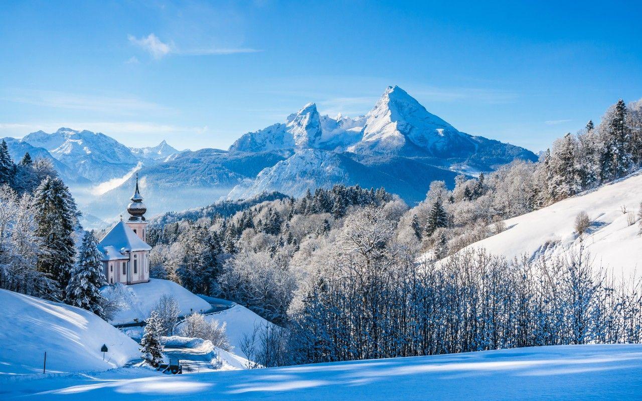 1280x800 Wallpaper Bavarian Alps, Winter landscape, Church, Germany