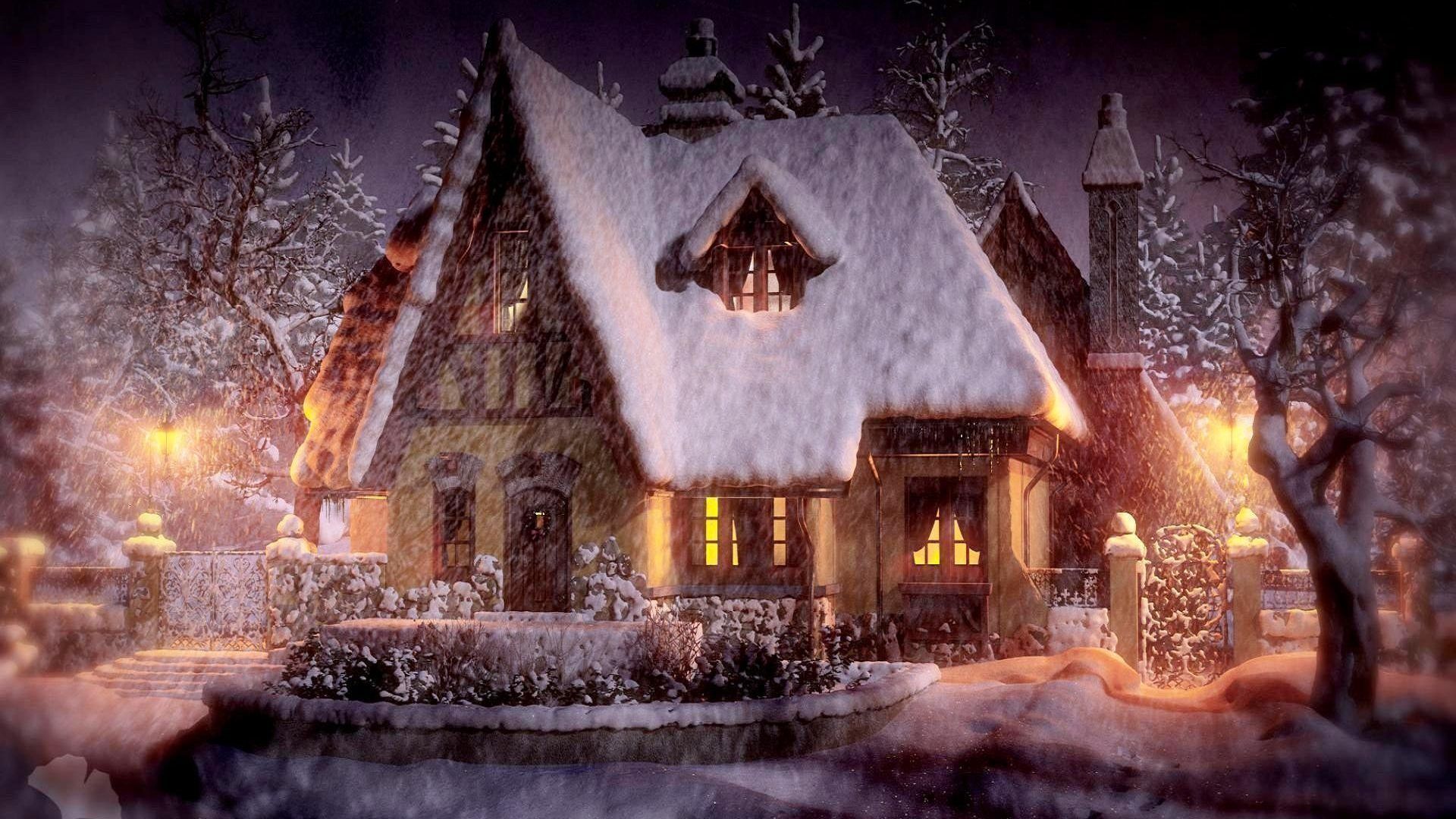 1920x1080 Cozy Winter Cottage Wallpaper