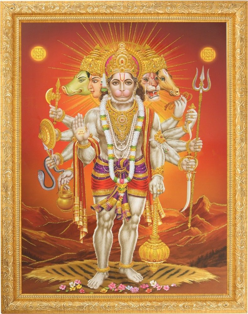 789x1000 BM Traders Panchmukhi Hanuman Golden Zari Art Work Photo In Golden Frame Big (14 X 18 Inches) Religious Wall Decor Religious Frame Price in India BM Traders Panchmukhi Hanuman Golden