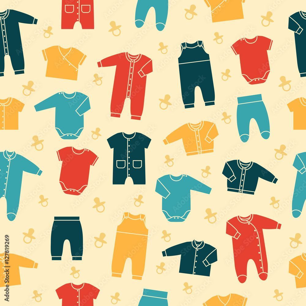 1000x1000 Seamless retro pattern with newborn baby clothes on yellow background. Collection cute clothing for children. Vector illustration. Stock Vector