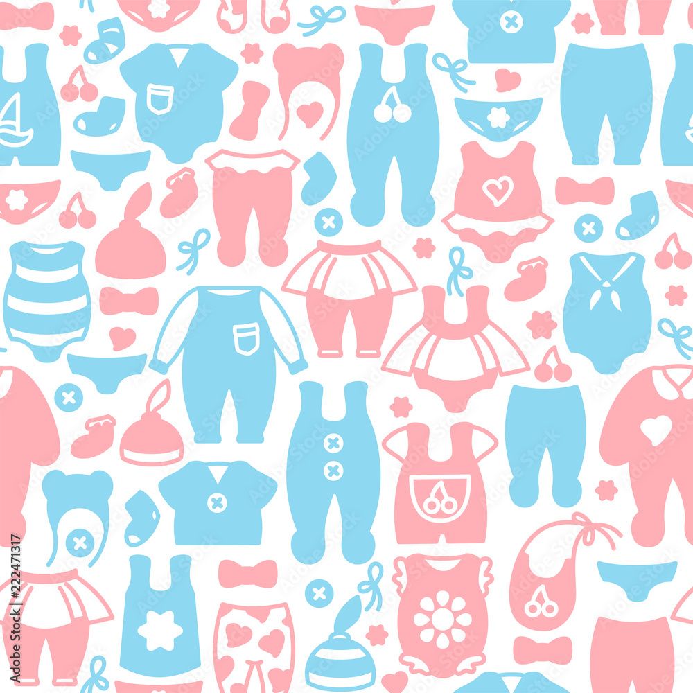1000x1000 Baby clothes seamless pattern. Flat style vector illustration. Suitable for wallpaper, wrapping or textile Stock Vector