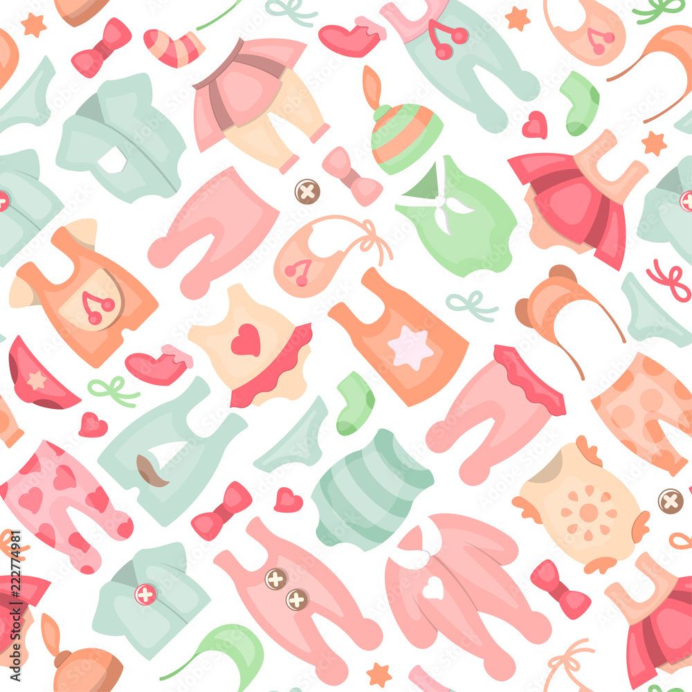 1000x1000 Baby clothes seamless pattern.Flat style vector illustration. Suitable for wallpaper, wrapping or textile Stock Vector