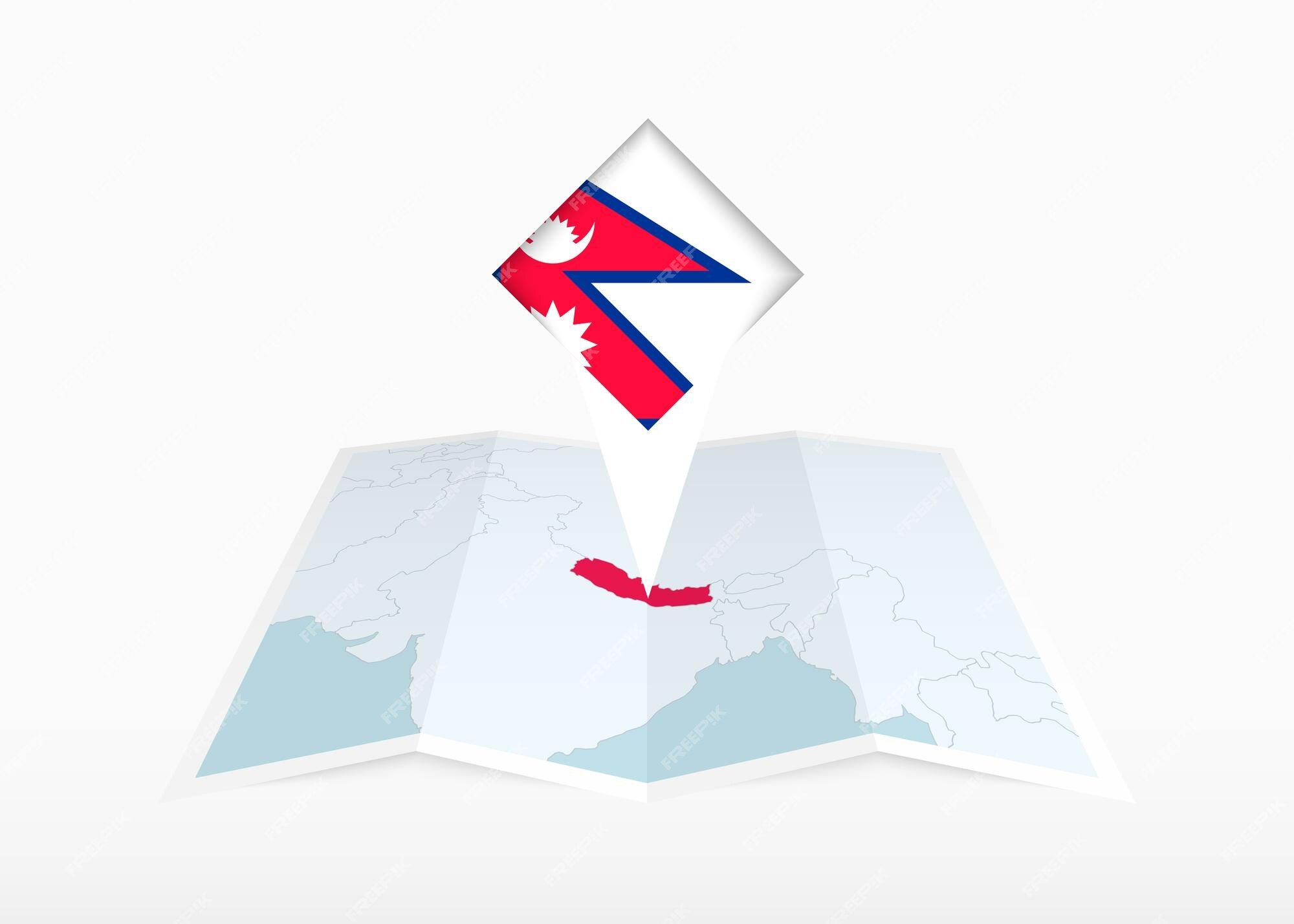 2000x1429 Premium Vector. Nepal is depicted on a folded paper map and pinned location marker with flag of nepal