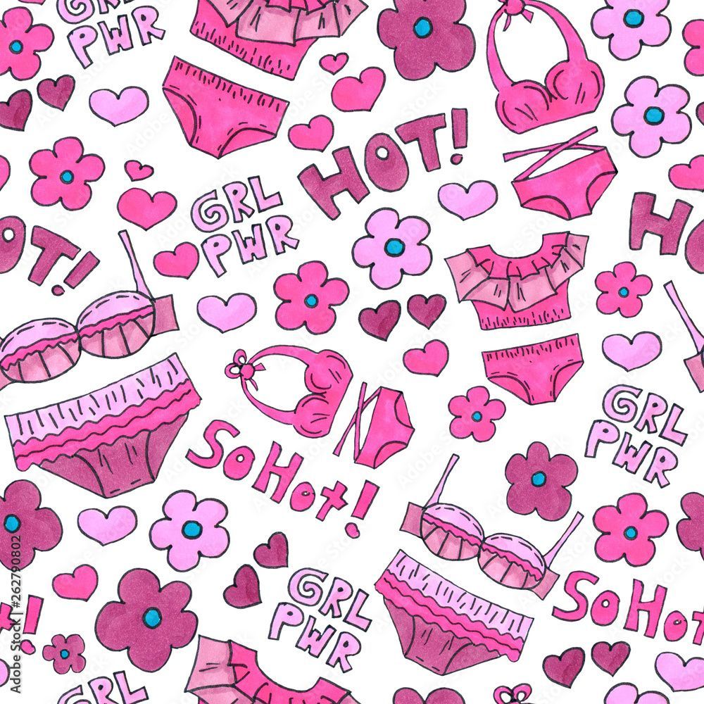 1000x1000 Pink lingerie seamless pattern. Marker Art underwear wallpaper design. Pattern hand drawn illustration. Bras and panties doodle. Fashion packing background Stock Illustration