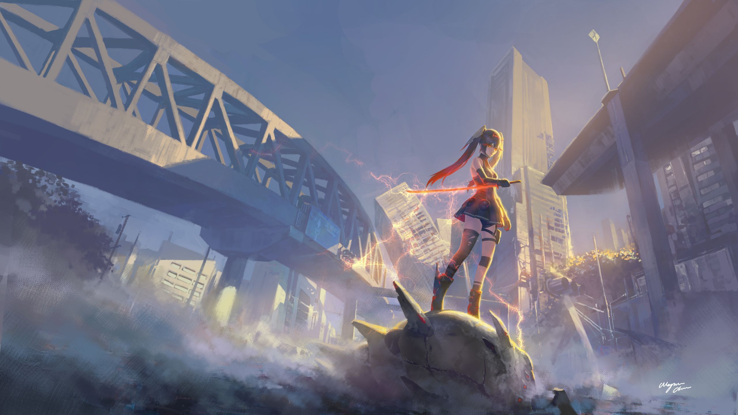 2560x1440 wayne chan punishing: gray raven lucia (punishing: gray raven) dress garter heels landscape pantsu sword thighhighs torn clothes wallpaper
