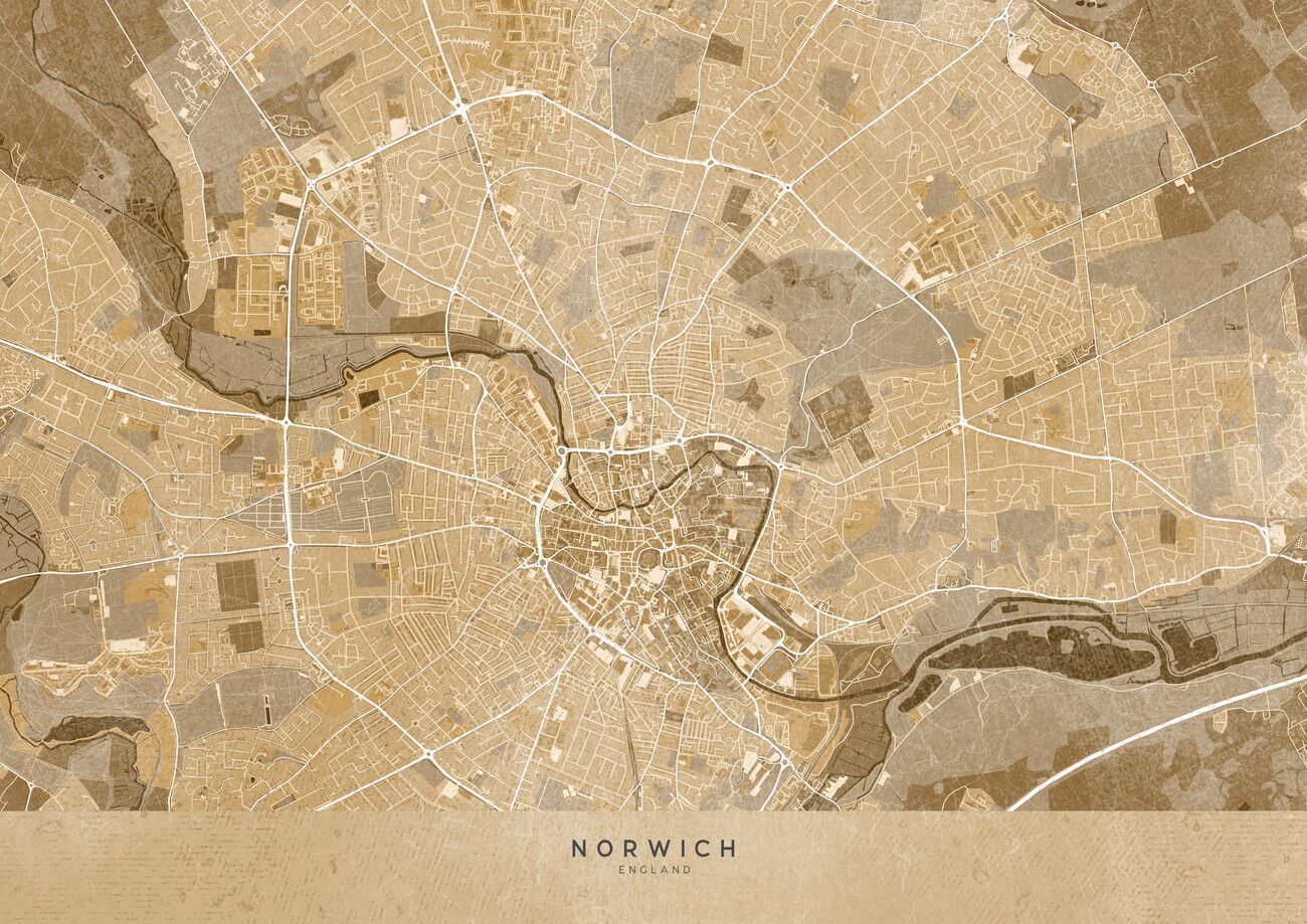 1300x919 Map of Norwich (England) in sepia vintage style Wall Mural. Buy online at