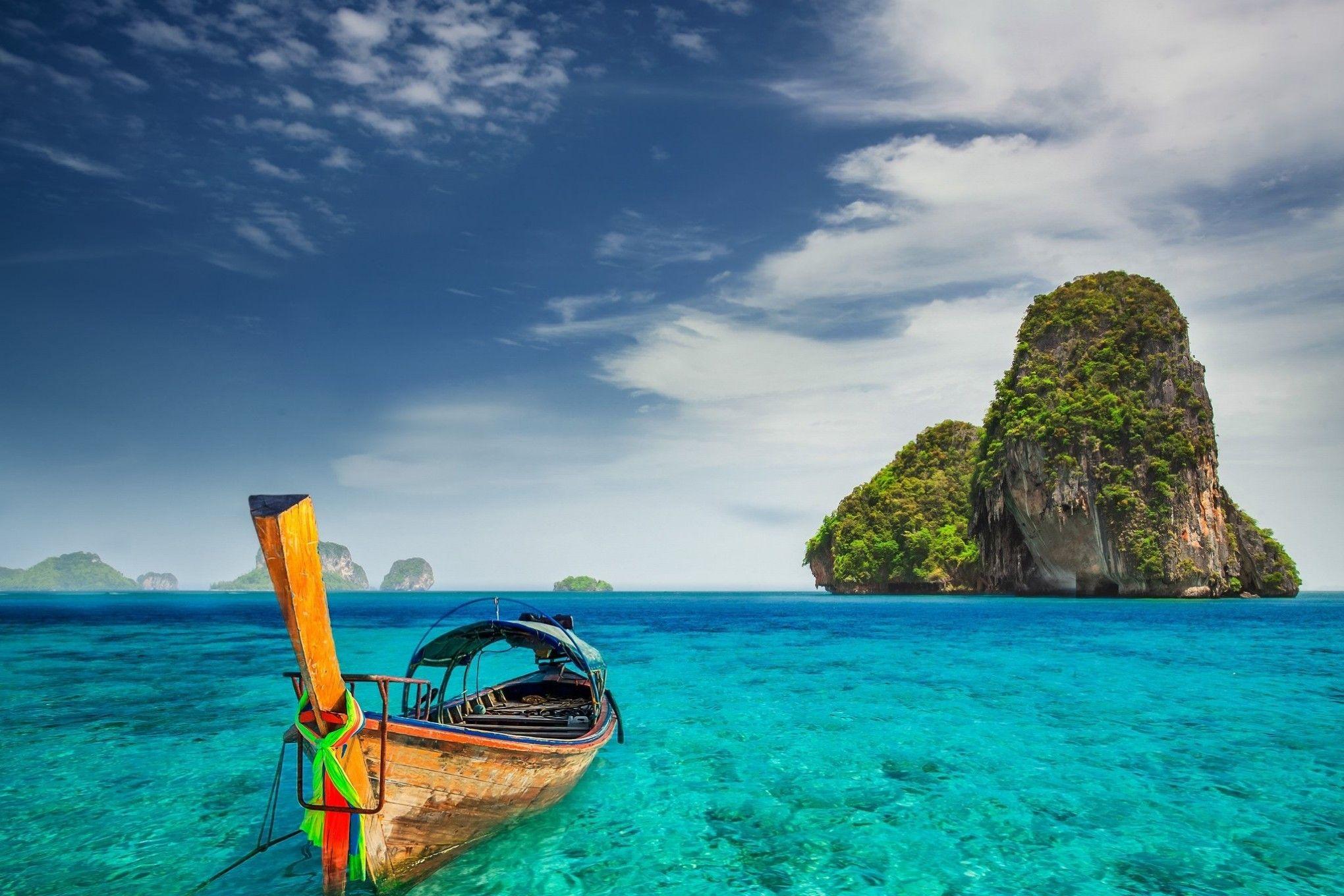 2040x1360 Download 2040x1360 Ocean, Boat, Clouds, Tropical Island