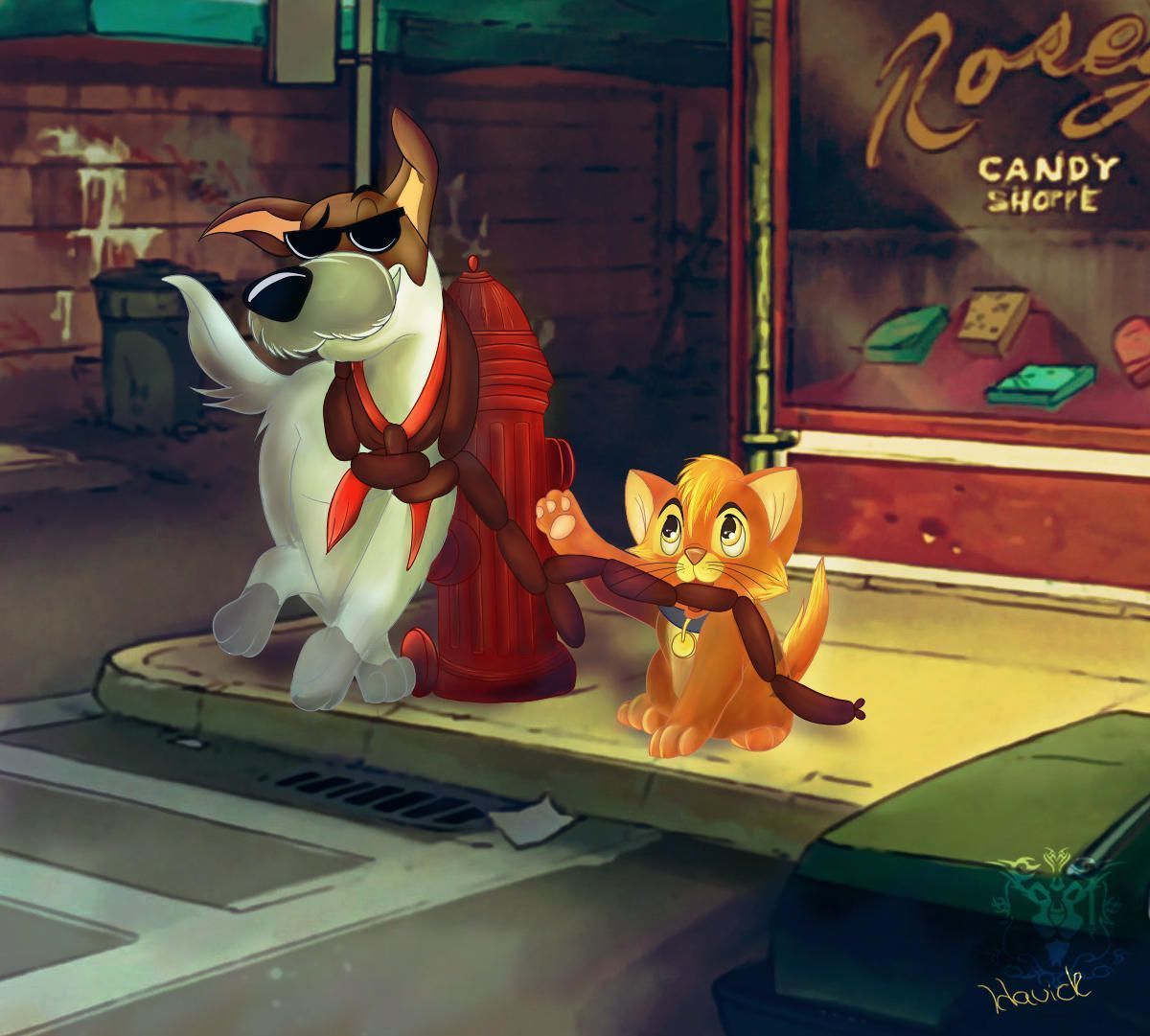 1200x1081 safe, artist:havickart, dodger (oliver & company), oliver (oliver & company), canine, cat, dog, feline, jack russell terrier, mammal, terrier, feral, disney, oliver & company, 2d, duo, duo male, food, glasses