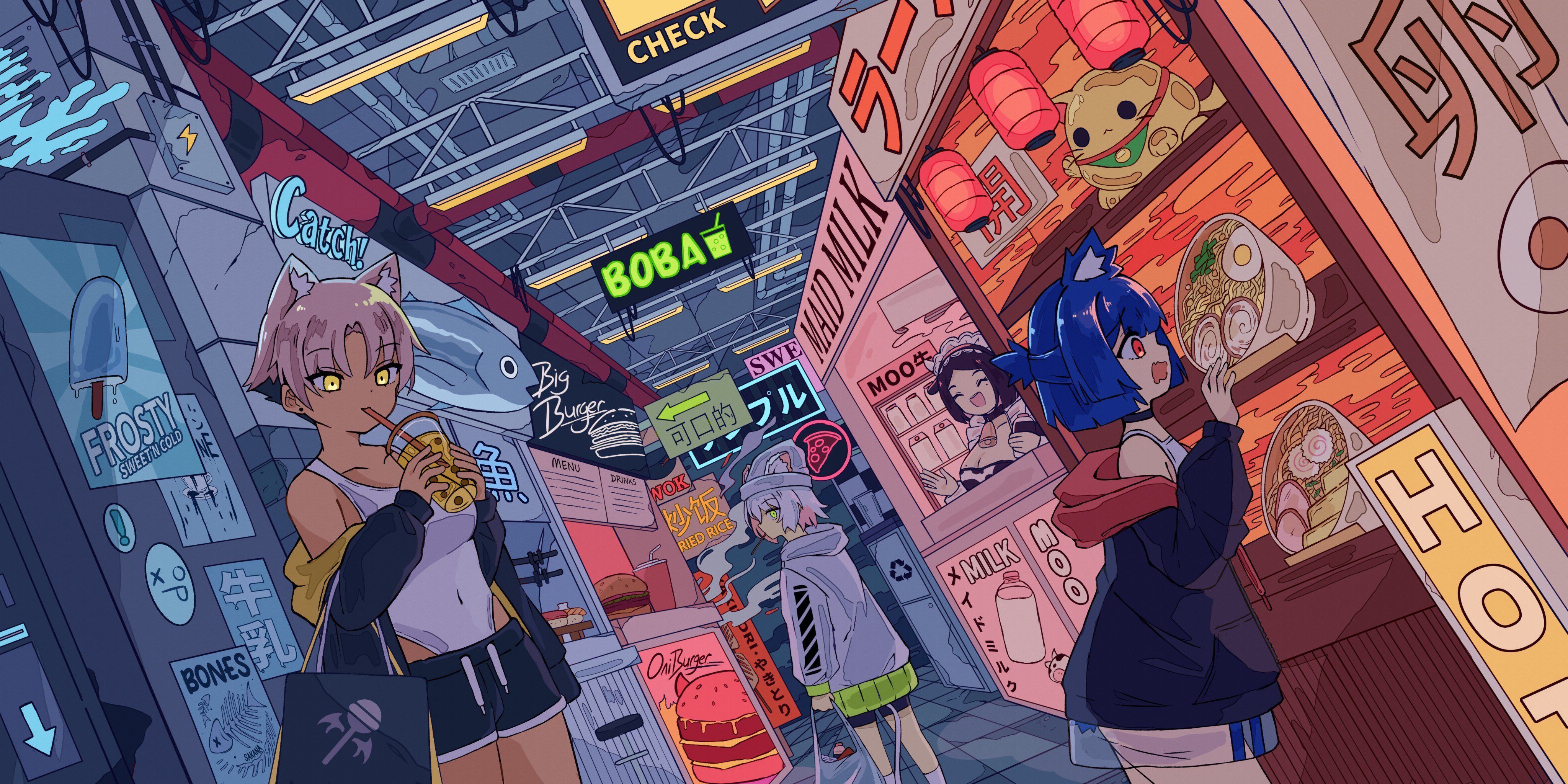 4096x2048 cat girl, cow girl, standing, short hair, anime girls, bubble tea, Market, ramen, drink, drinking, glowing eyes, foodx2048 Wallpaper