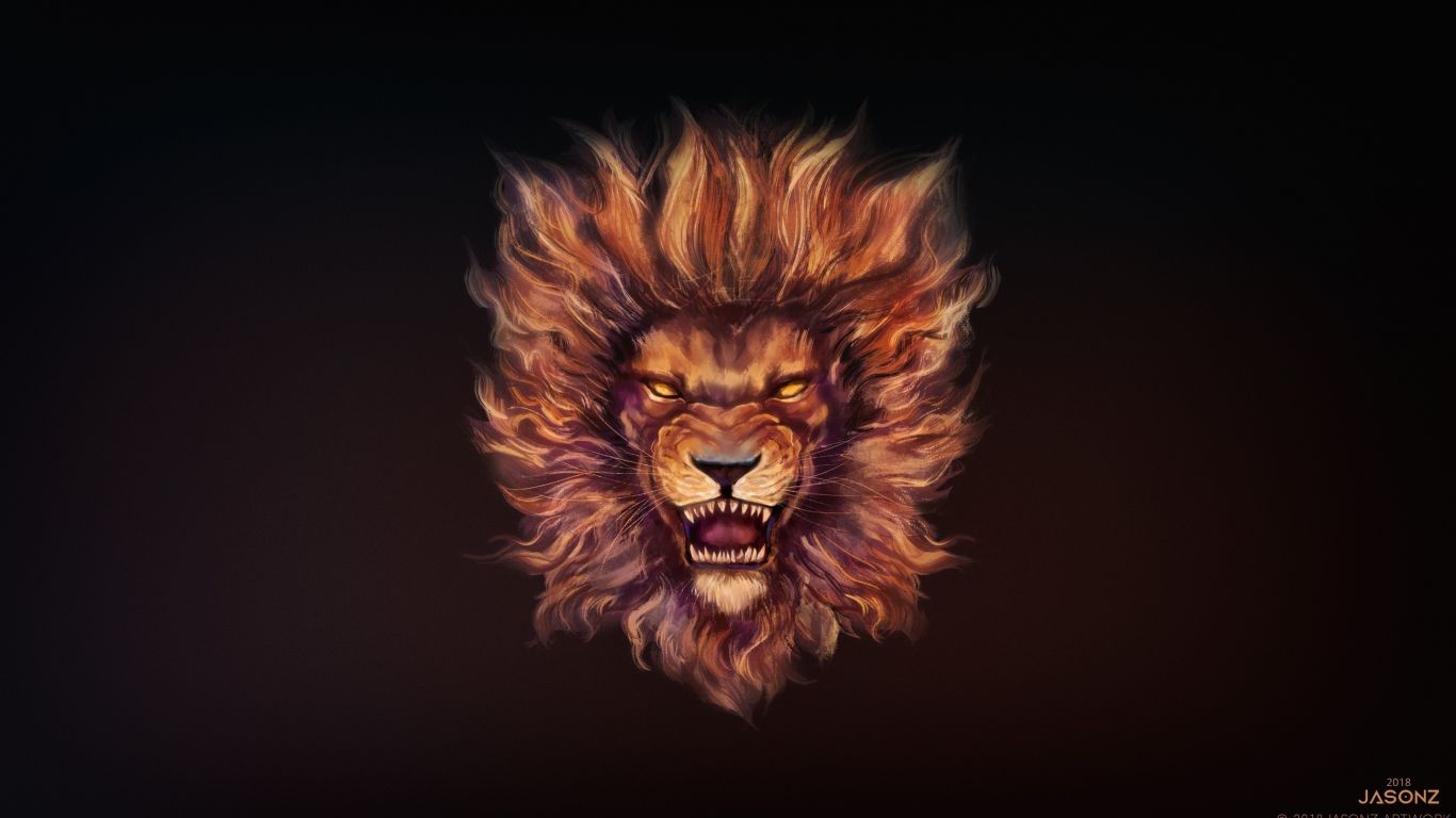 1366x768 Lion's roar fantasy muzzle art wallpaper background