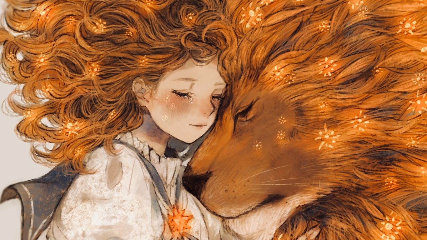 1366x768 Lion And Girl Fantasy Artwork Wallpaper Background