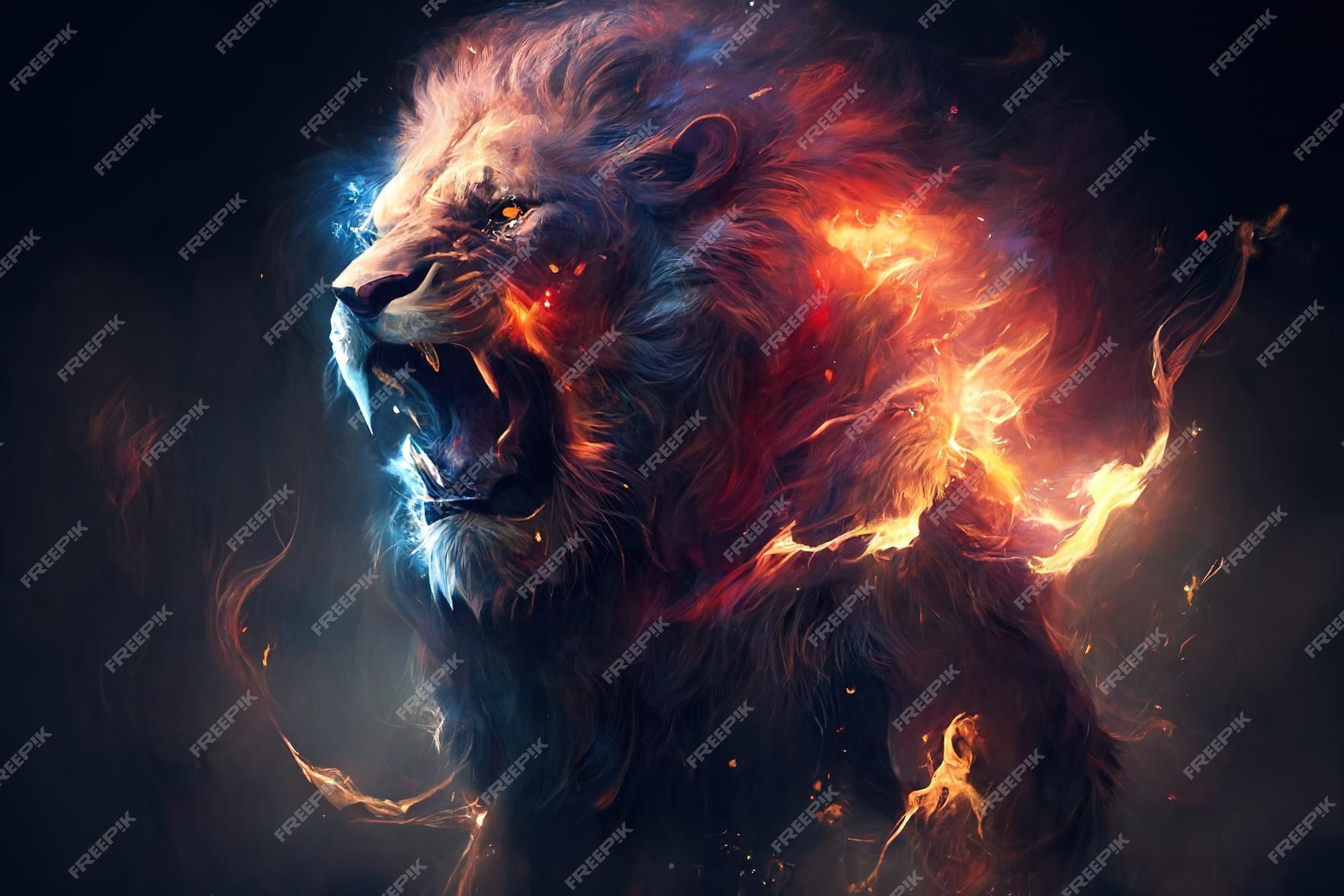 2000x1333 Premium Photo. Roaring flames a mighty fantasy lion with glowing lights generative ai