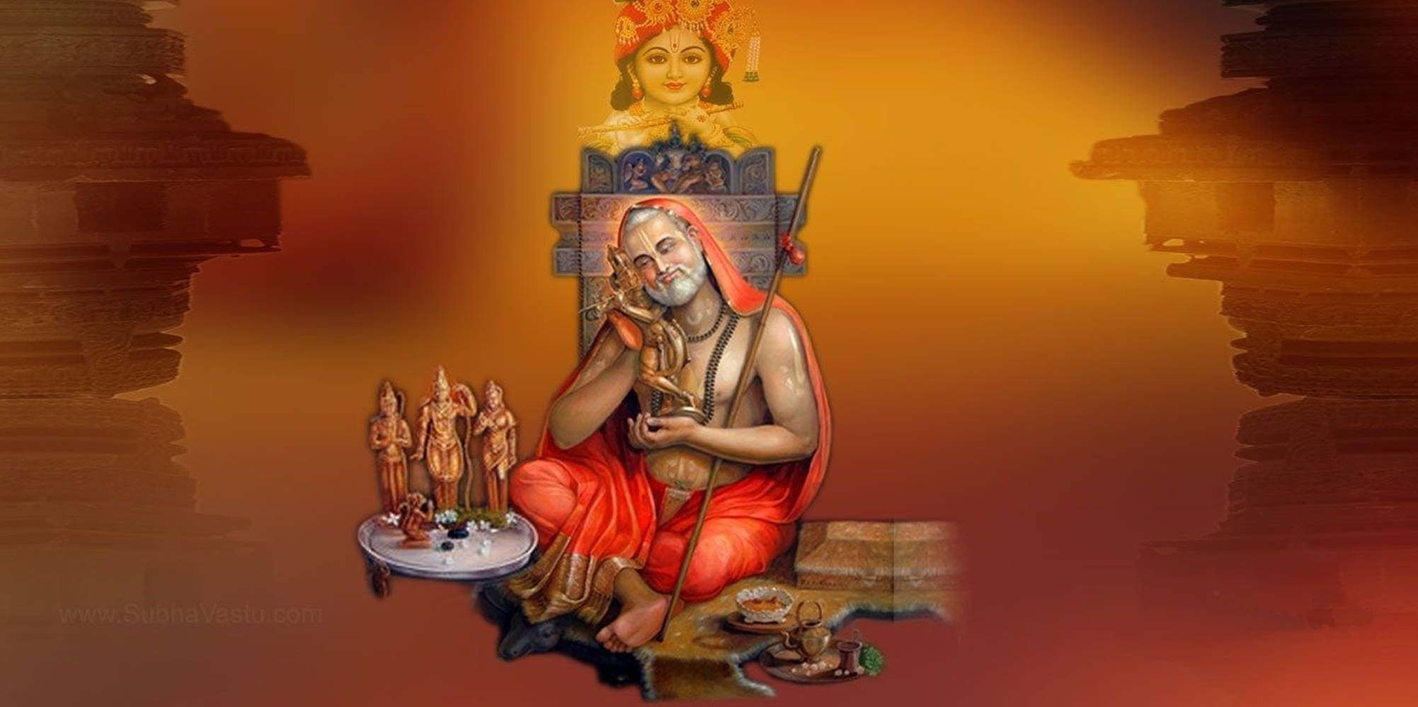 2003x1000 Download Serene Divine Scene Raghavendra Surrounded by Sacred Indian Statues. Wallpaper