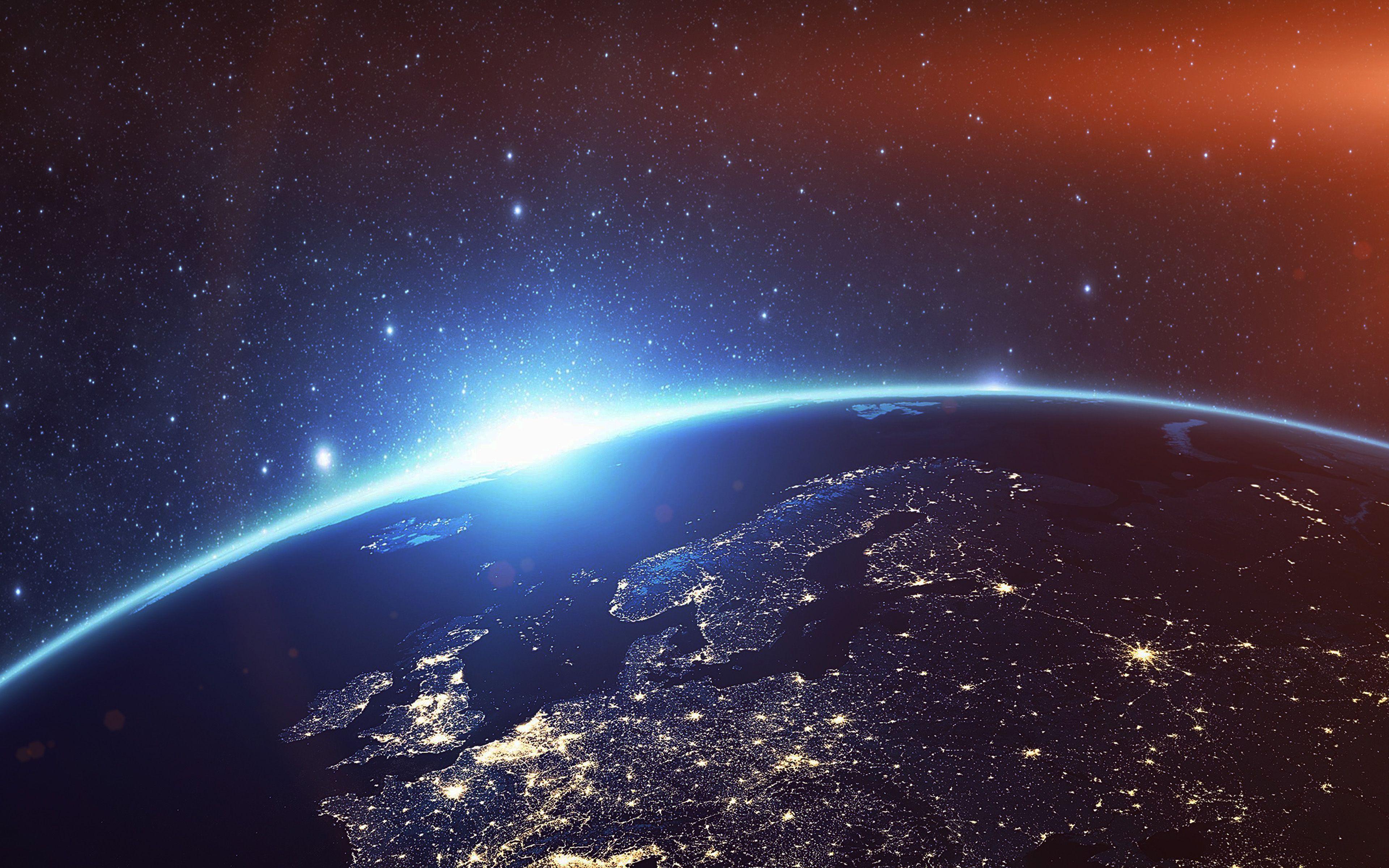 3840x2400 Wallpaper Earth, Starry sky, Horizon, Moon, World, Flare
