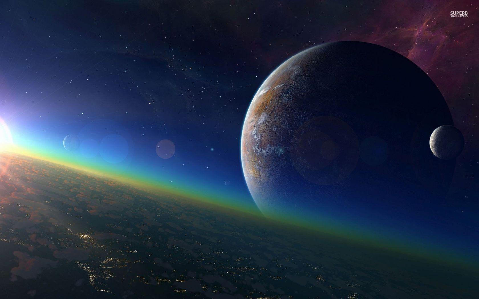 Không gian 1680x1050, Hành tinh, Mặt trăng, Thiên hà, Sao, CG render HD Hình nền