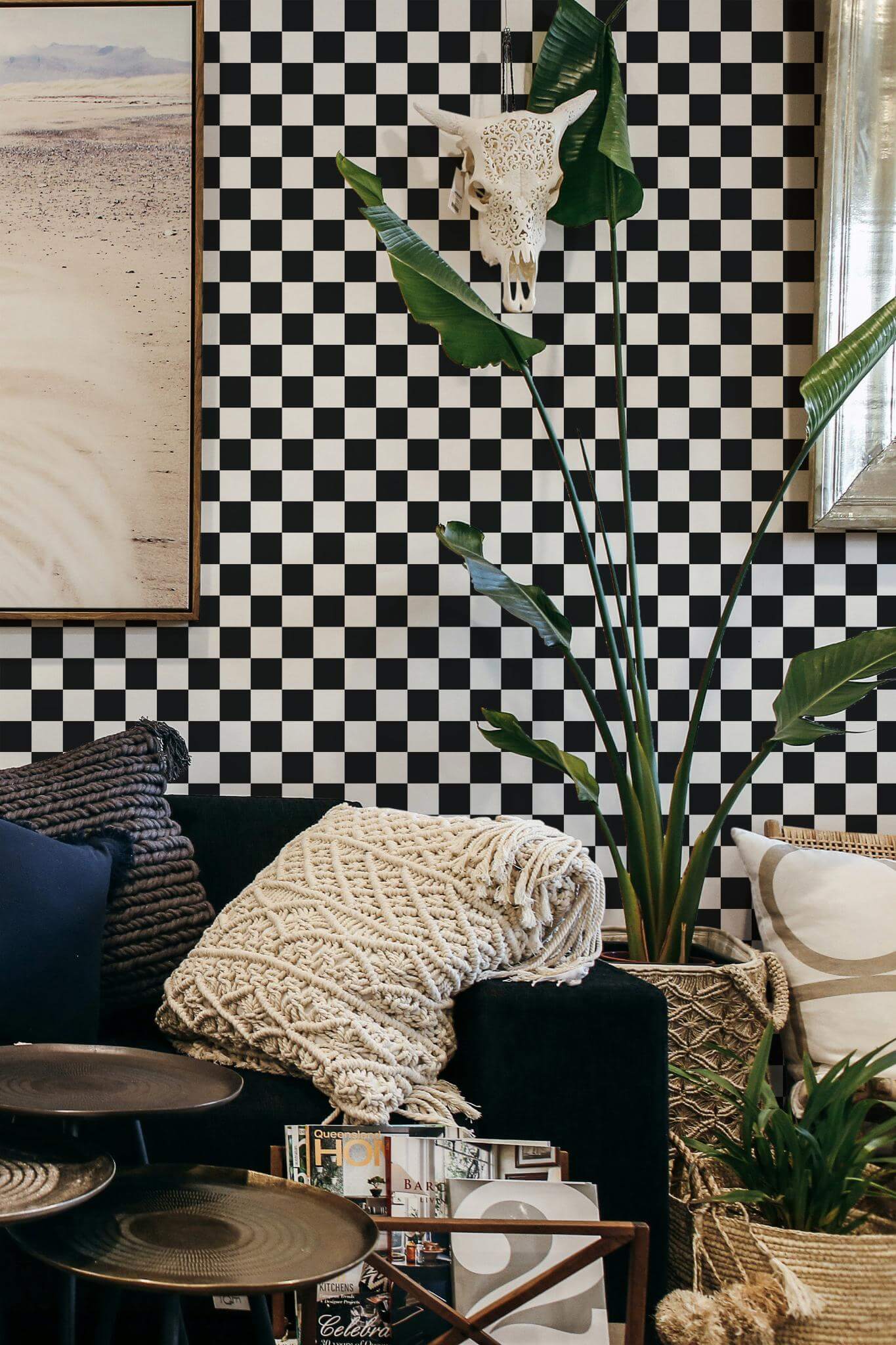 1365x2048 Black And White Checkered Peel And Stick Wallpaper Sample′′x19′′, PVC Free