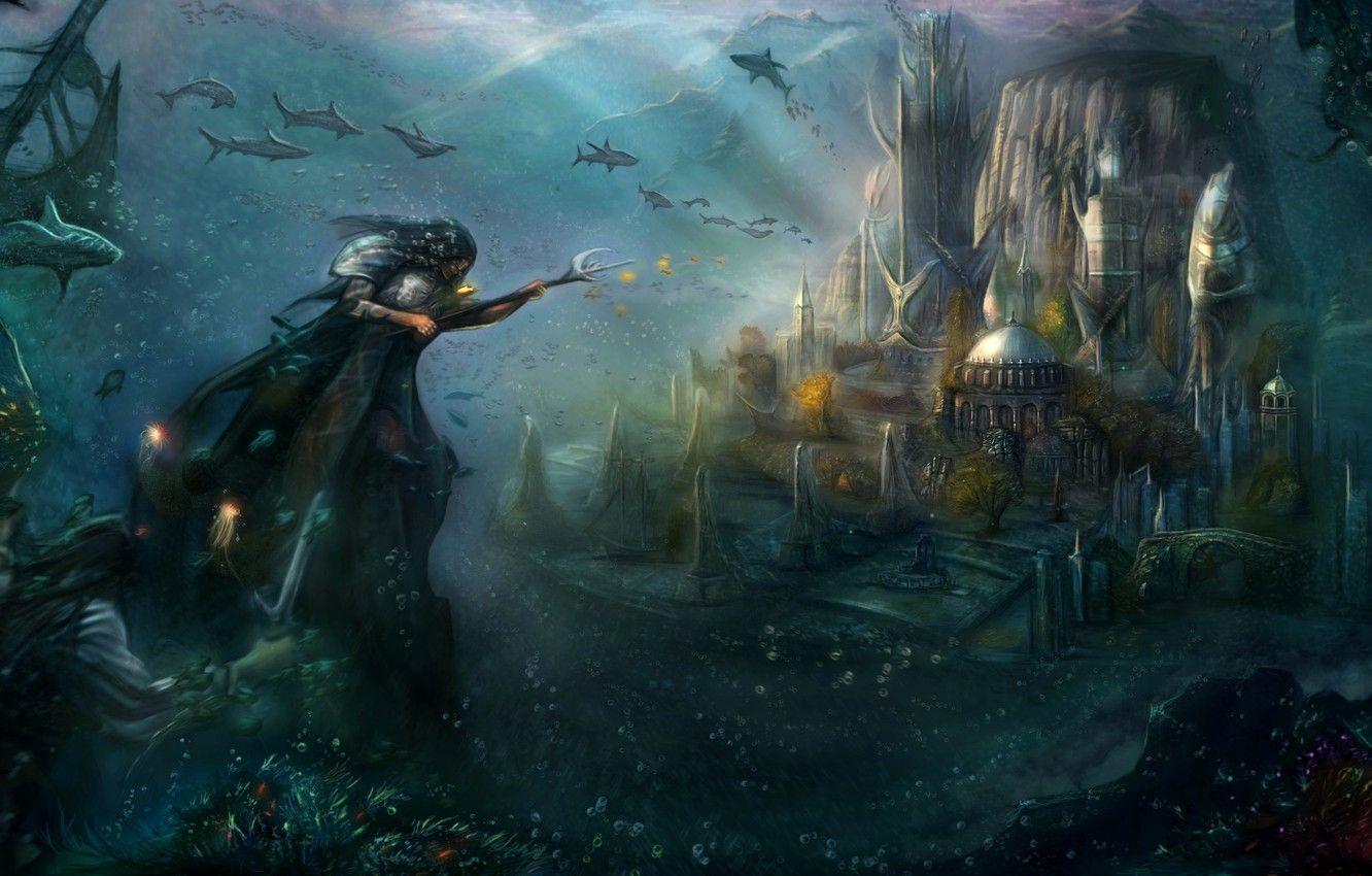 1332x850 Wallpaper fish, the city, art, jellyfish, Trident, underwater world, Poseidon image for desktop, section фантастика