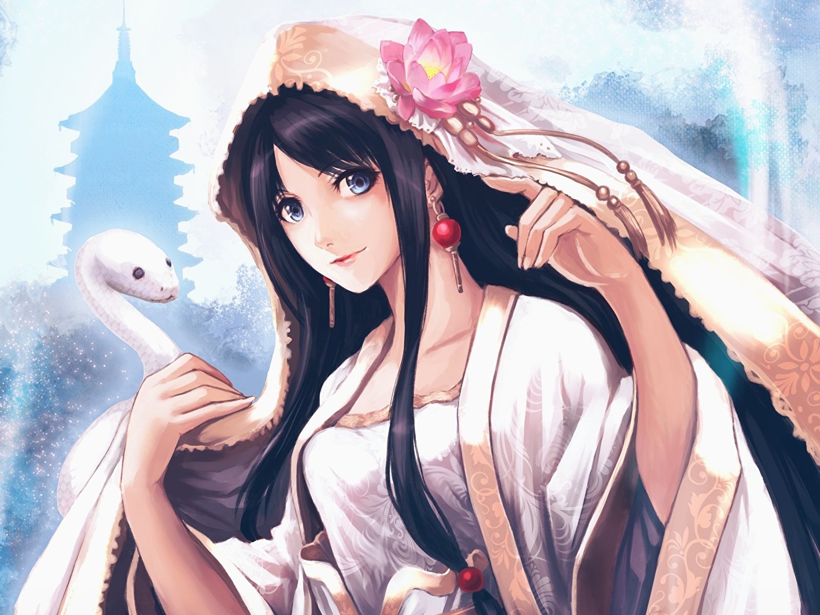 1600x1200 Wallpaper snake Brunette girl Kimono