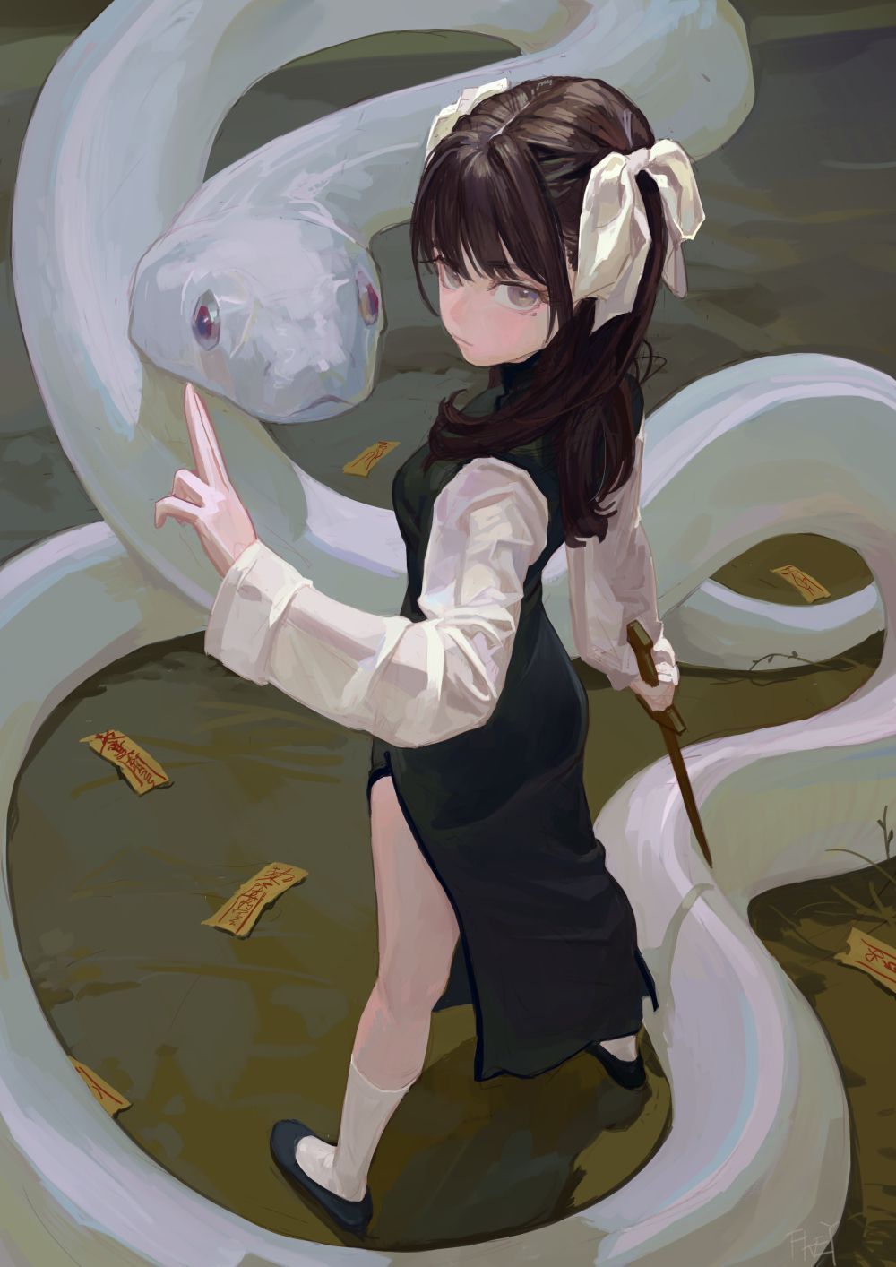 1000x1414 maid, anime girls, snake, anime, sword