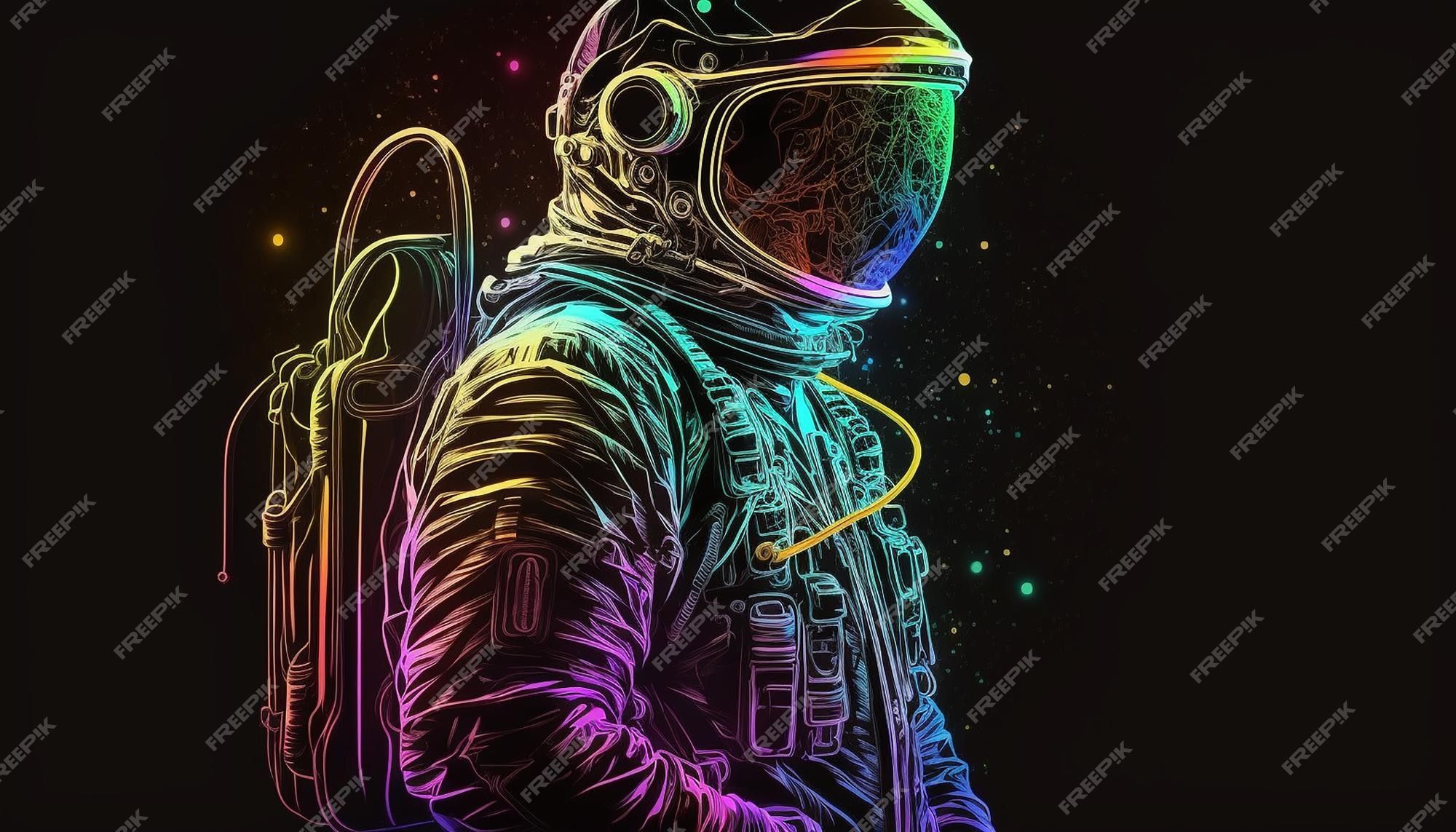 2000x1143 Neon astronaut on black background