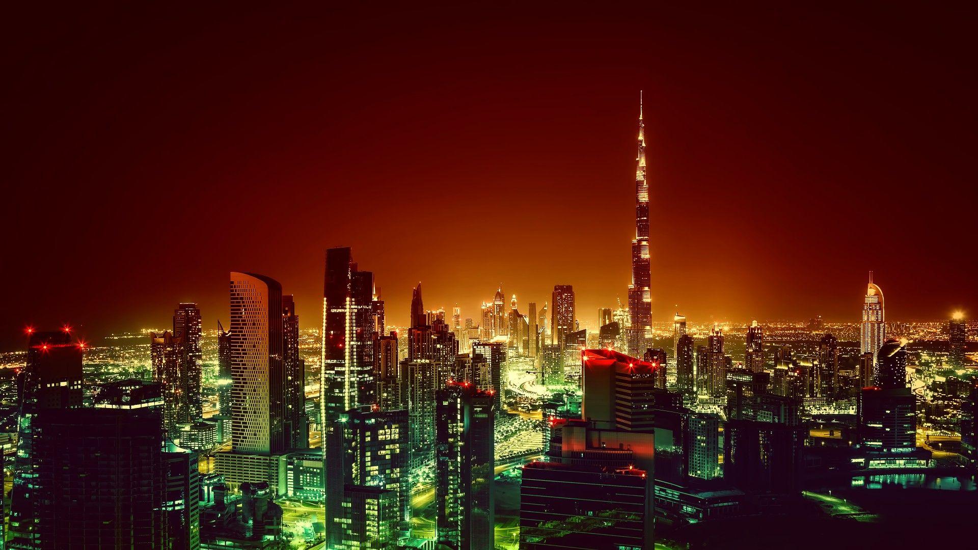 1920x1080 Hình nền Burj Khalifa, Dubai, Cảnh thành phố, Đêm, 4K