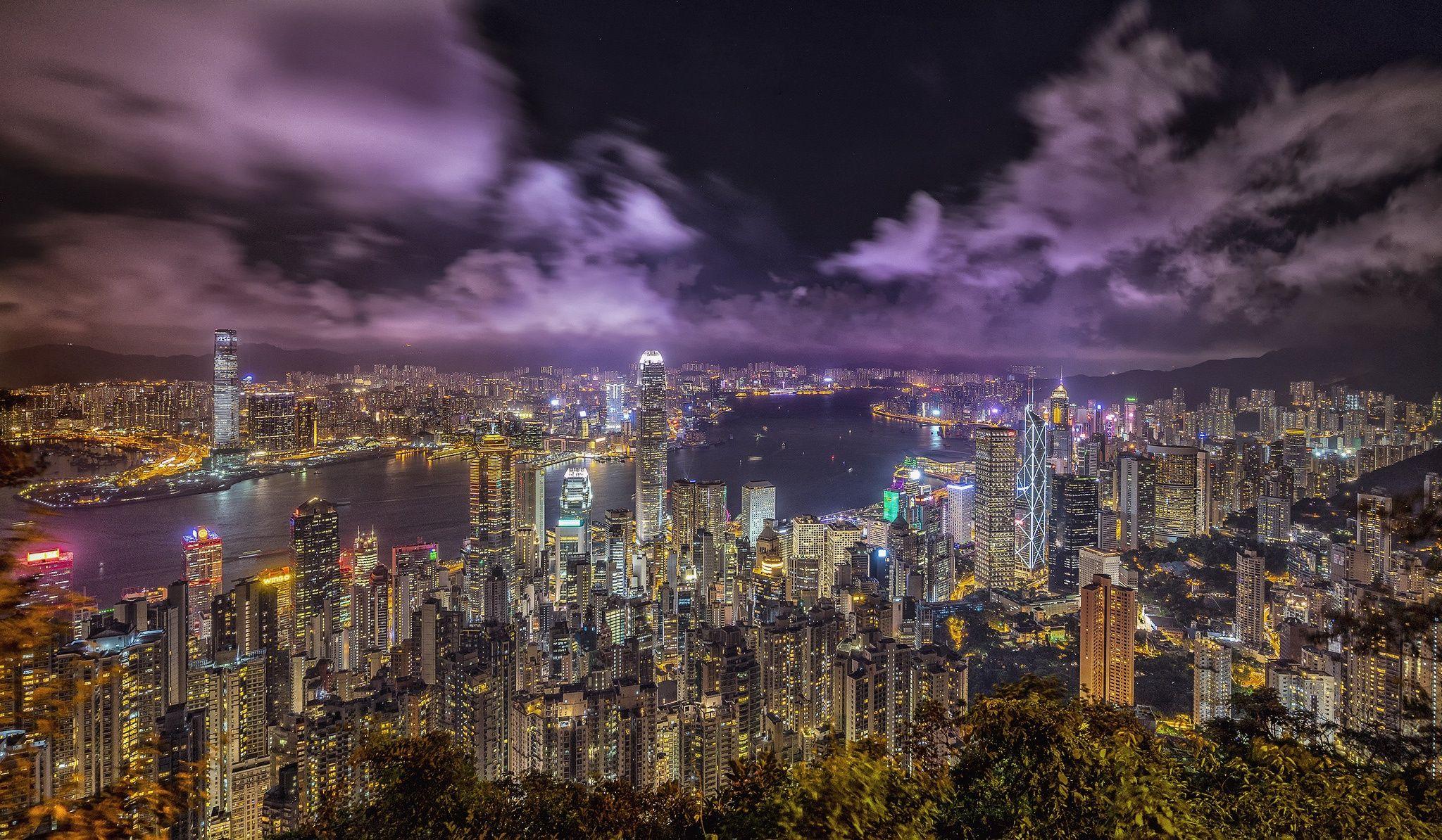 2048x1194 Wallpaper of Building, China, City, Hong Kong, Night, River