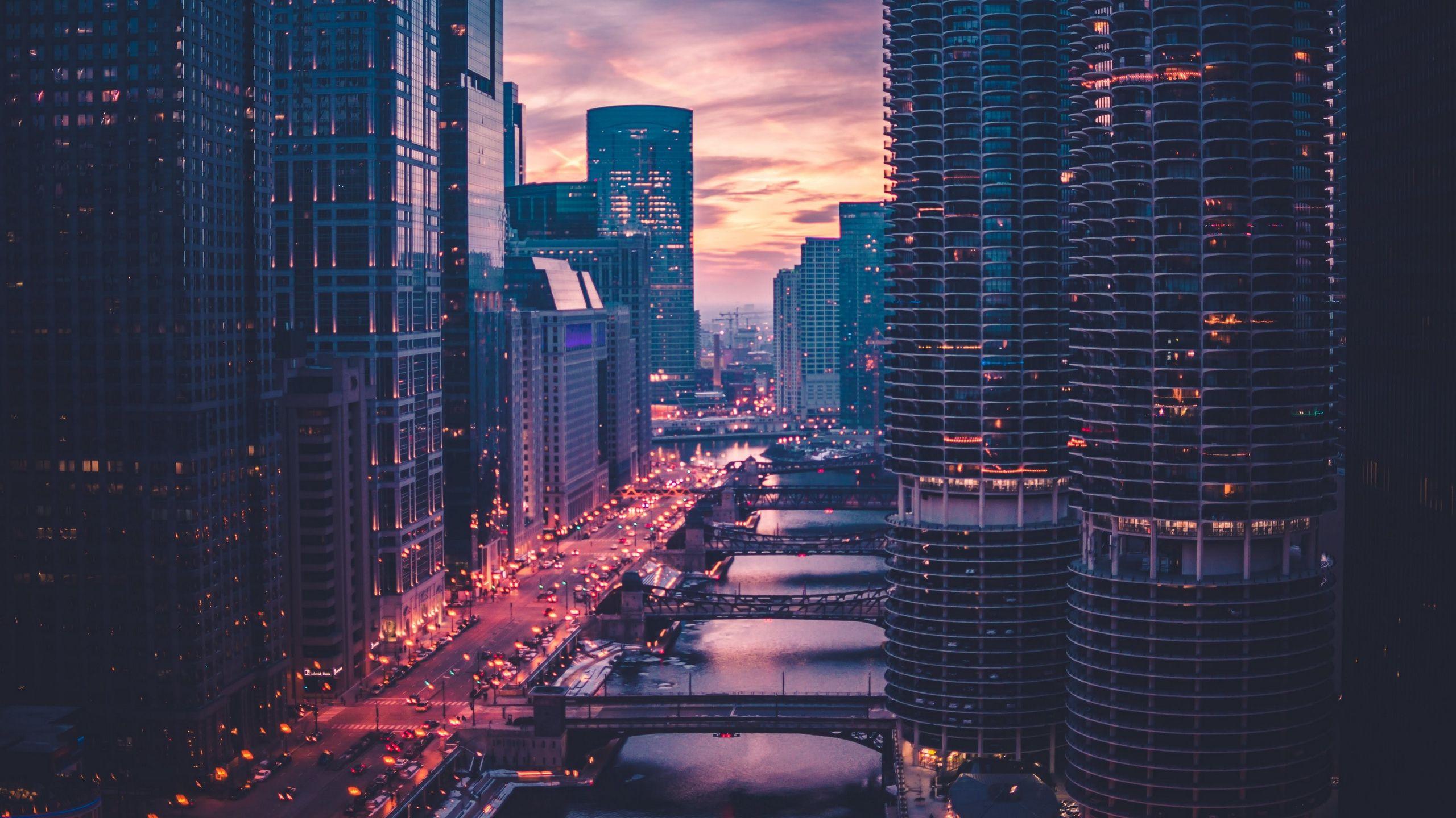 2560x1440 Wallpaper of Chicago, Skyscrapers, Bridges, Traffic