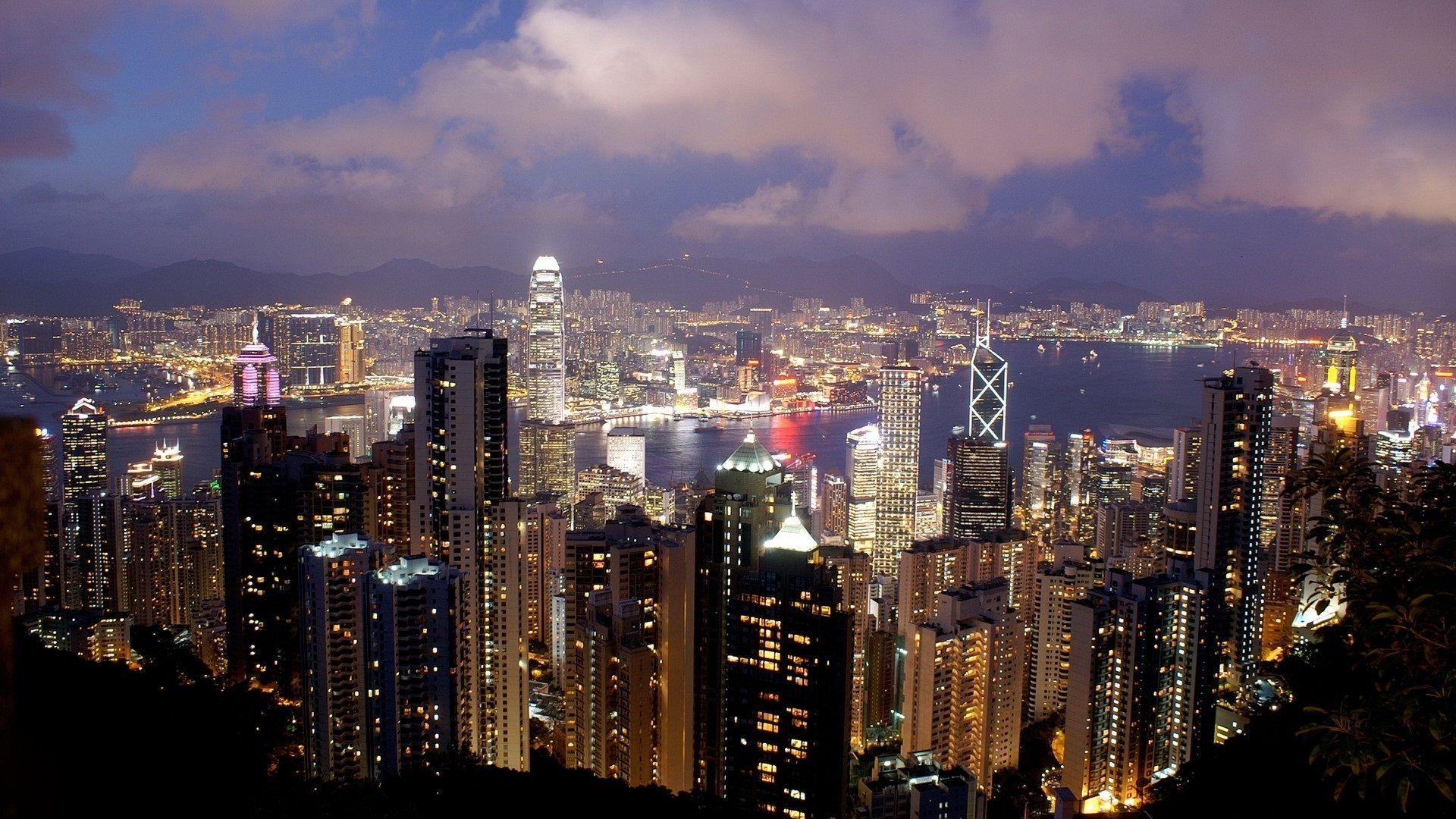 1920x1080 Wallpaper Hong Kong, skyscrapers, city night, lights