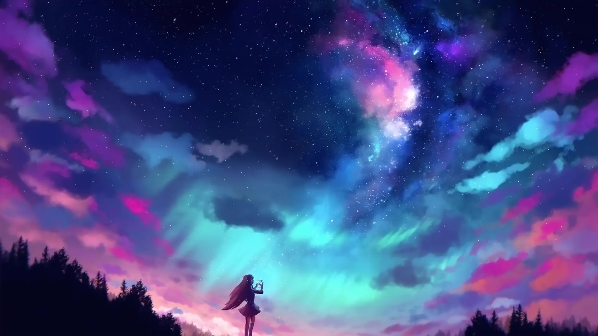 1920x1080 Anime Girl Starry Night Sky Live