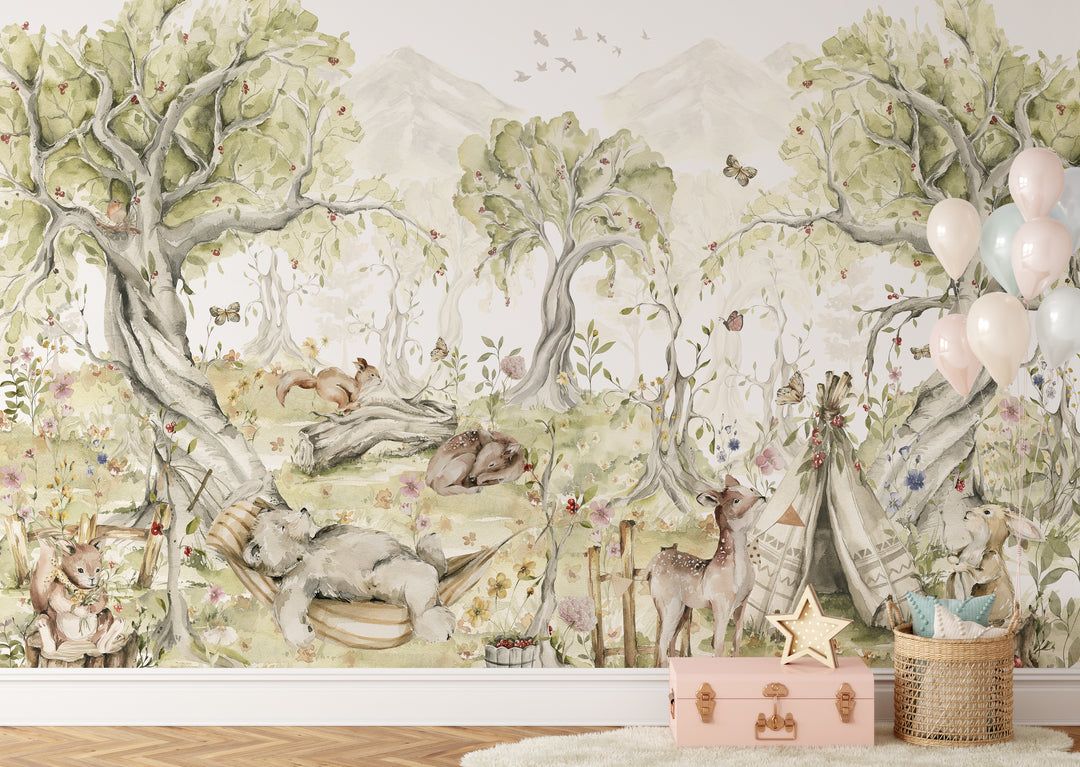 1080x767 Watercolor Playful Animals Forest Mural