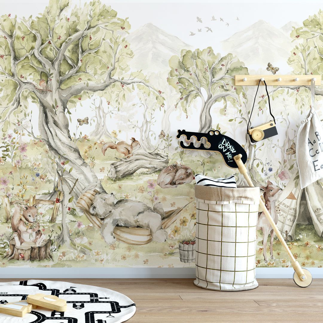 1080x1080 Watercolor Playful Animals Forest Mural