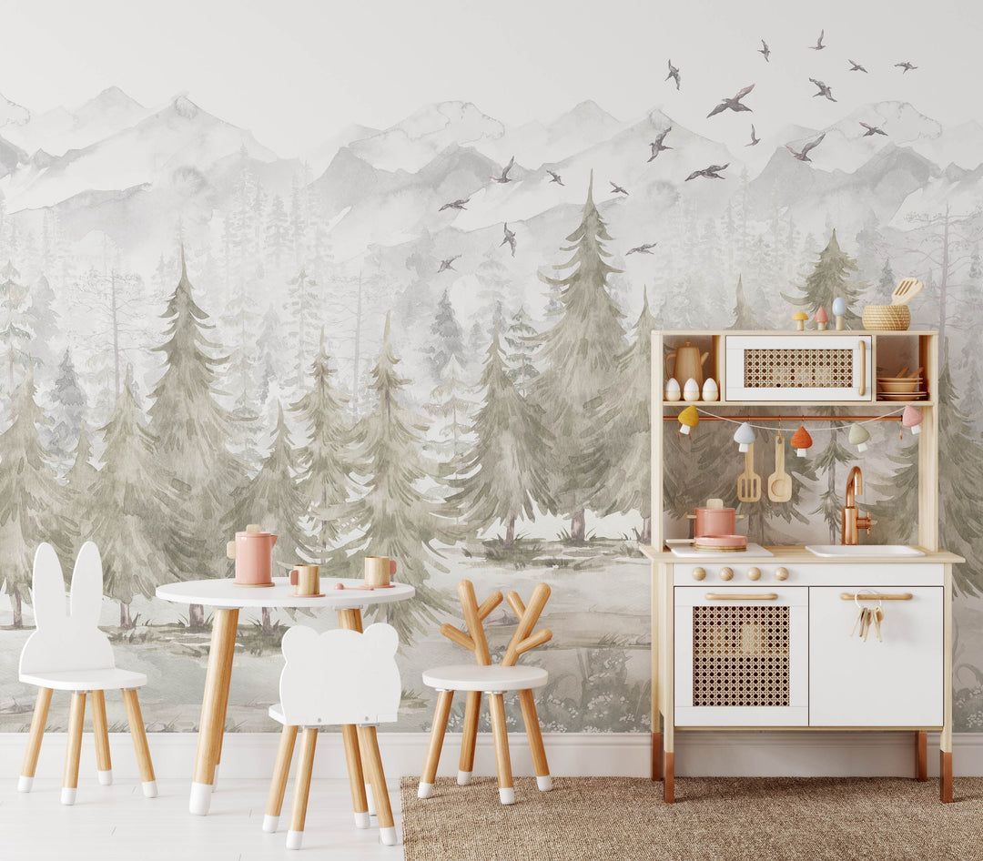 1080x946 Winter Foggy Watercolor Forest Mural