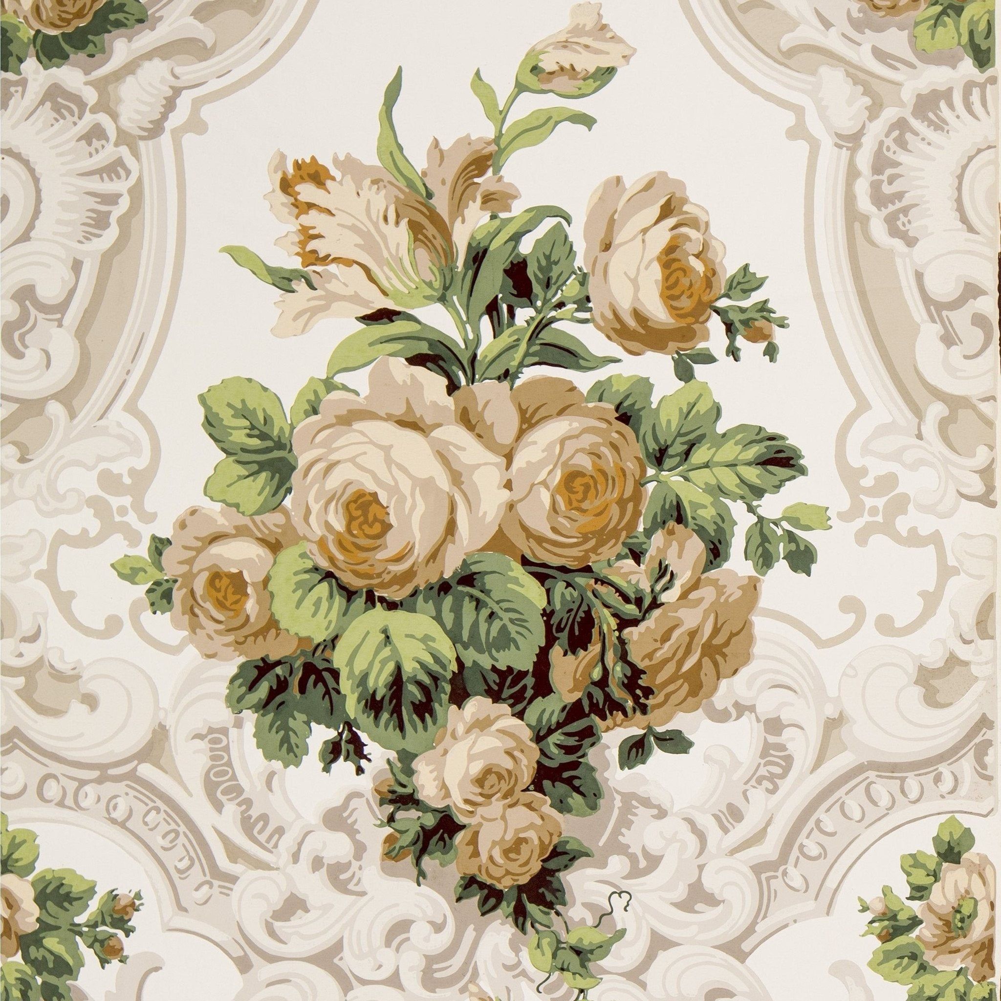 2048x2048 Large Rose Bouquets in Rococo Scrolls Wallpaper Remnant