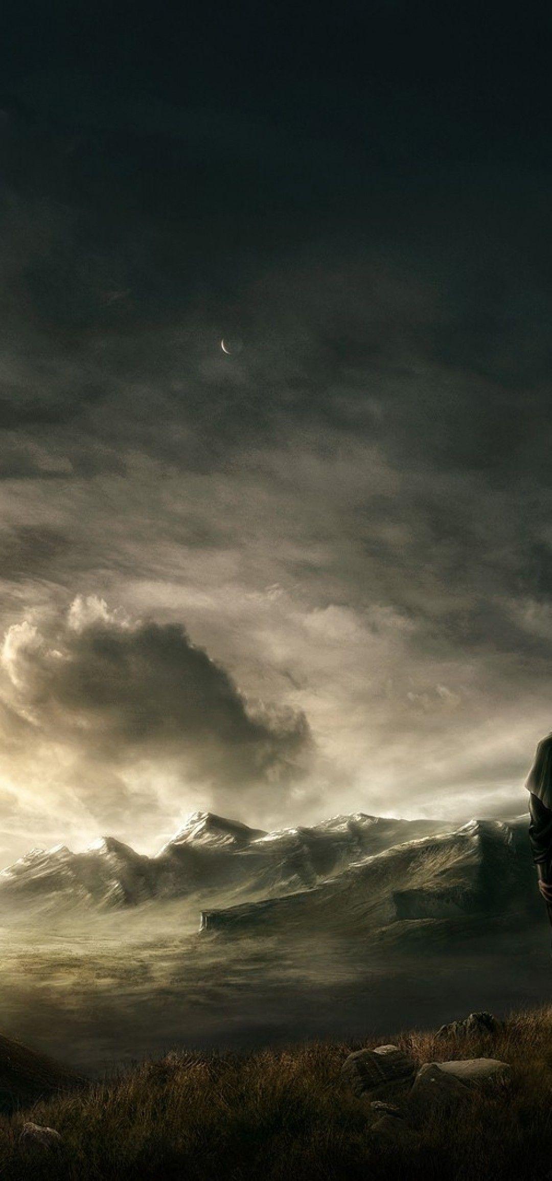 1080x2310 Download 1080x2310 Wanderer, Crescent, Dark, Hoodie, Fantasy