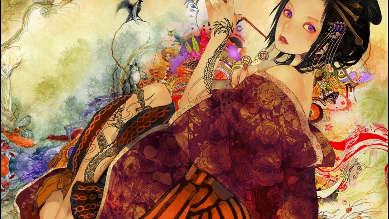 1244x700 Tattoos geisha purple eyes Japanese clothes black hair bare