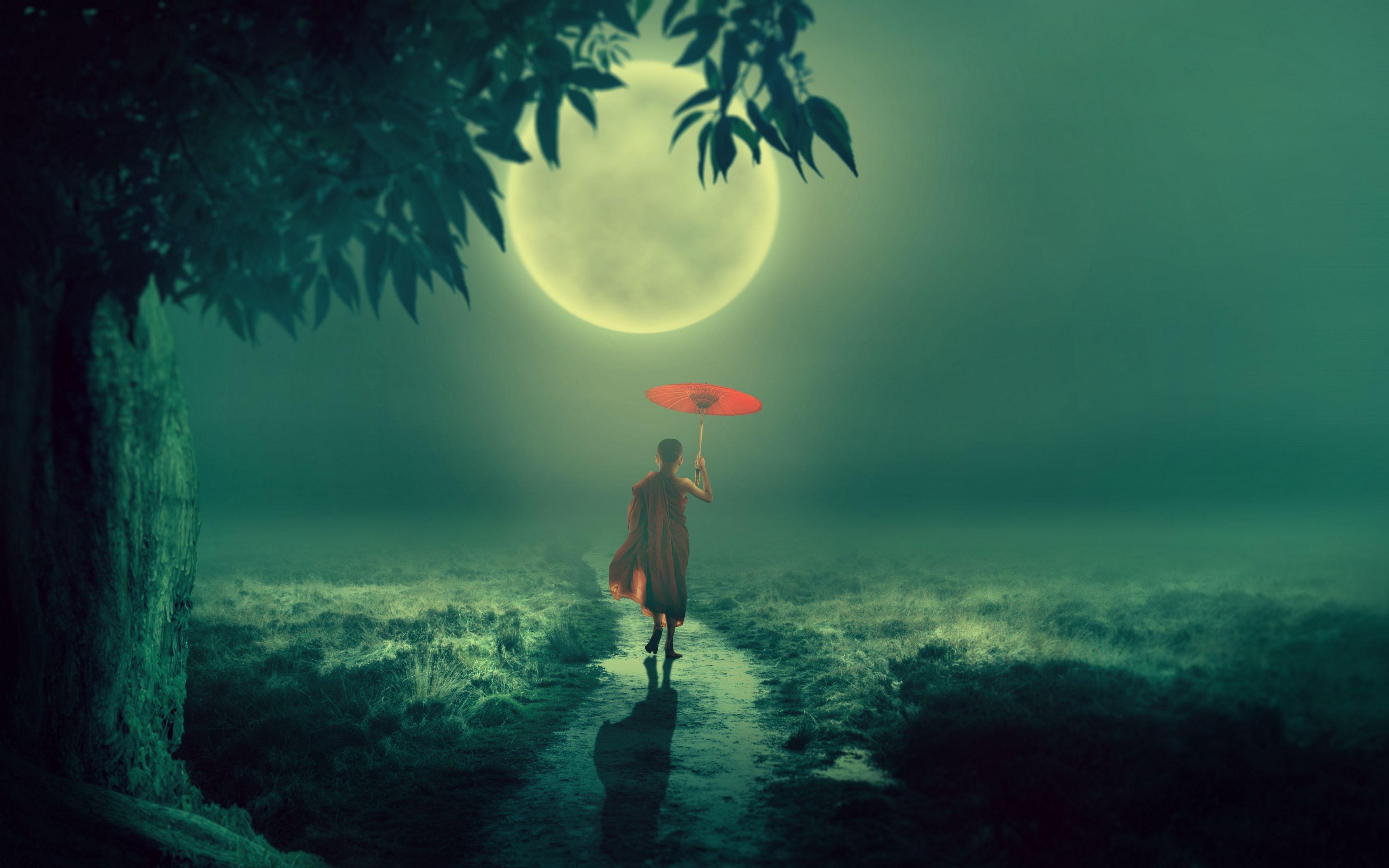 3840x2400 Download wallpaper 3840x2400 boy, monk, fog, moon, child
