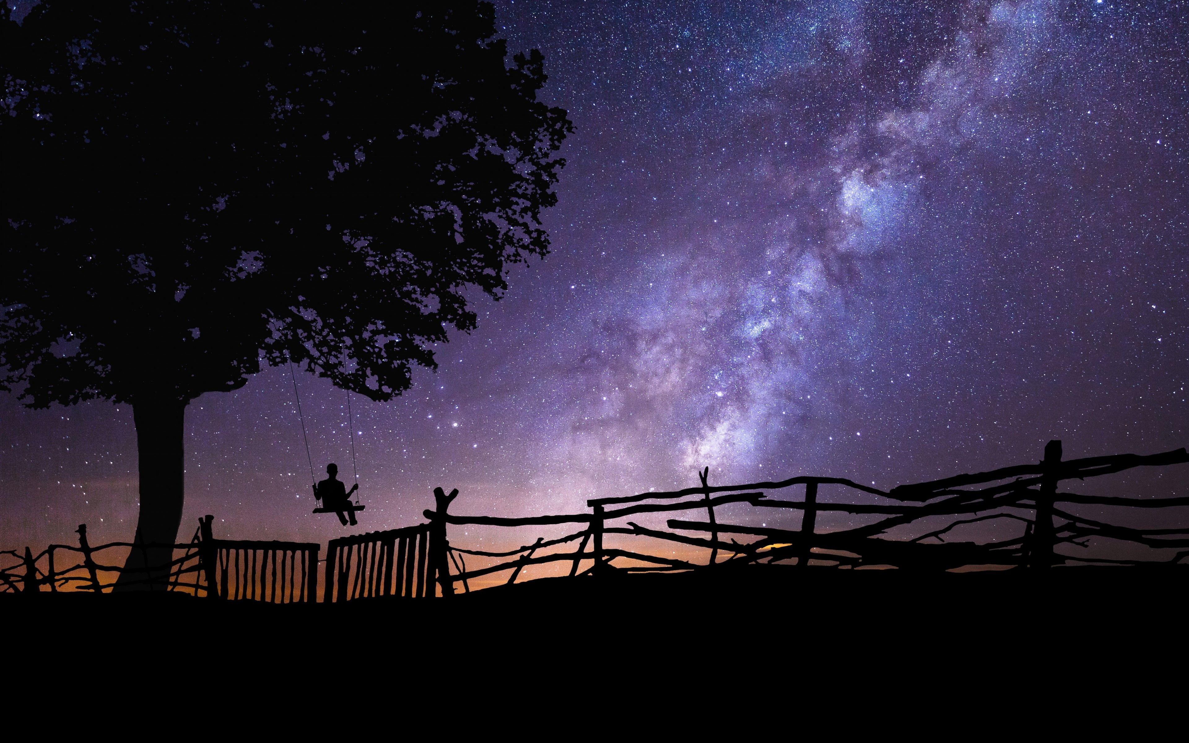 3840x2400 Wallpaper Starry sky, Silhouette, Swing, Tree, Night