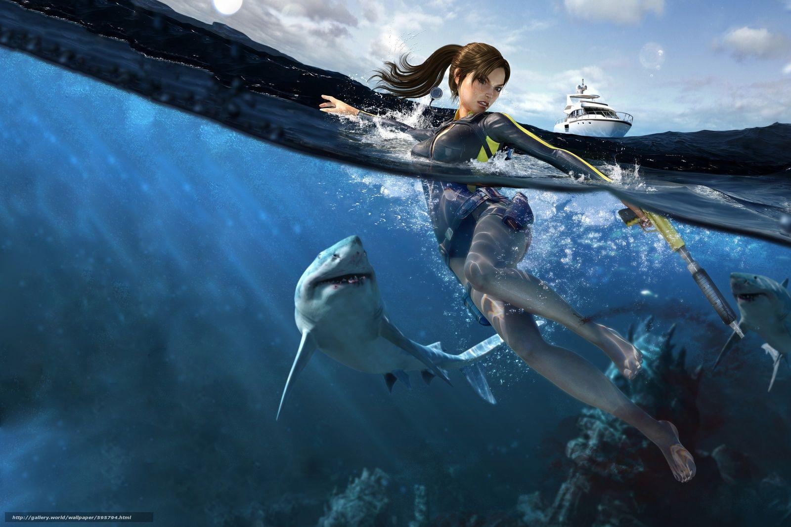 1600x1067 Download wallpaper sea, girl, Shark free desktop wallpaper in the resolution 4500x3000