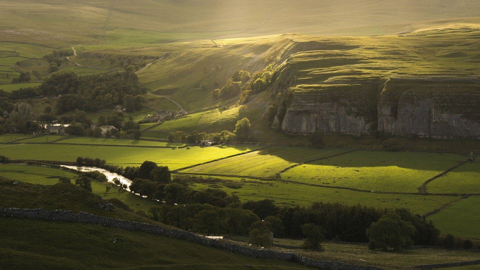 1920x1080 Landscapes: England Yorkshire North River Rock Field Autumn View