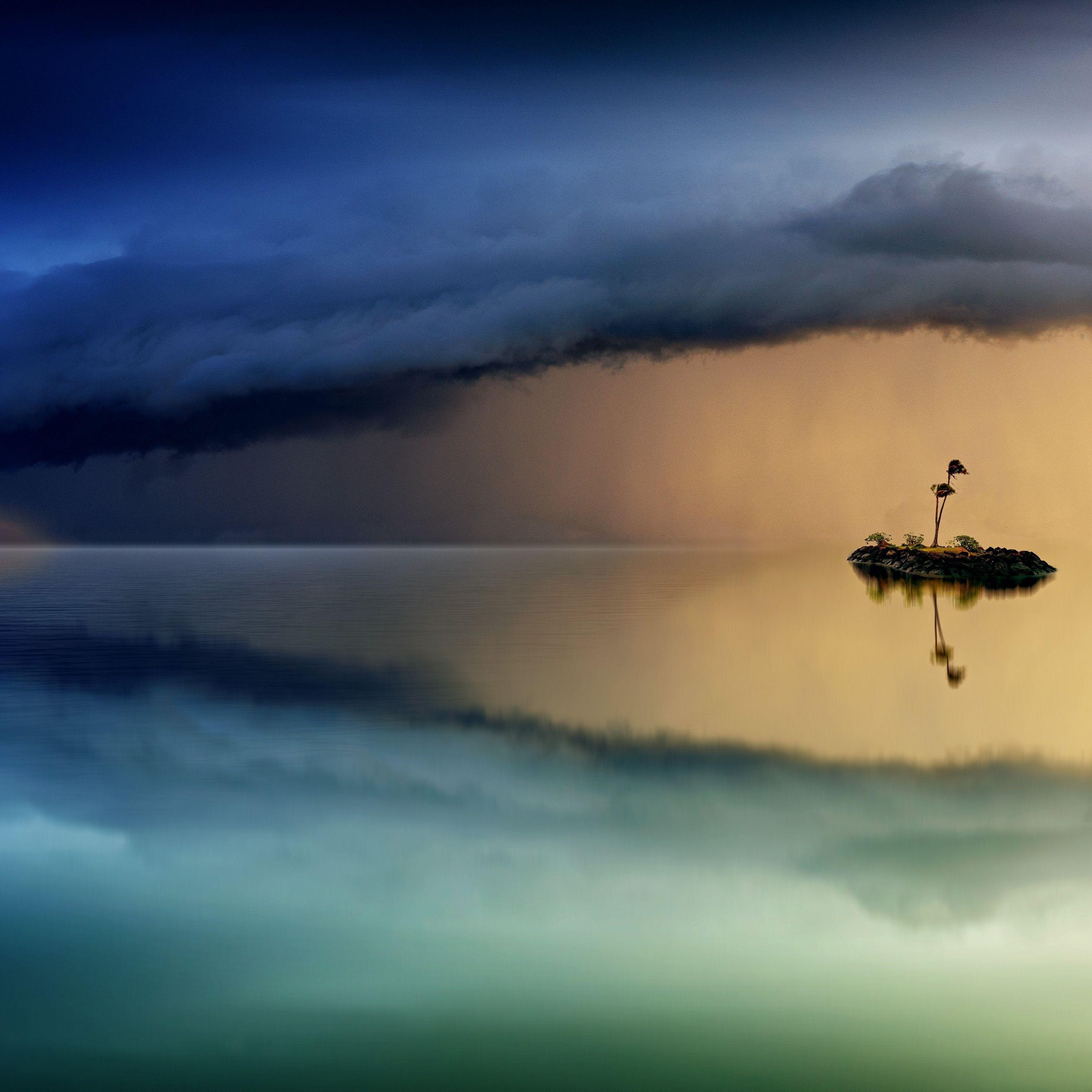 2932x2932 Download 2932x2932 Wallpaper Clouds, Lake, Small Island